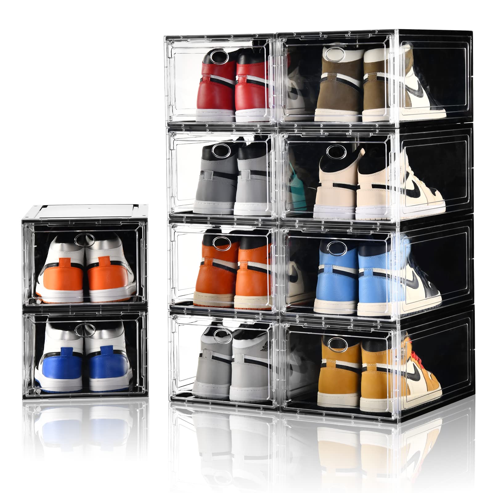 Amllas 10 Pack Shoe Boxes Stackable,Upgraded Sturdy Storage Boxes with Clear Magnetic Door,Multifunctional Sneaker Organizer Fit