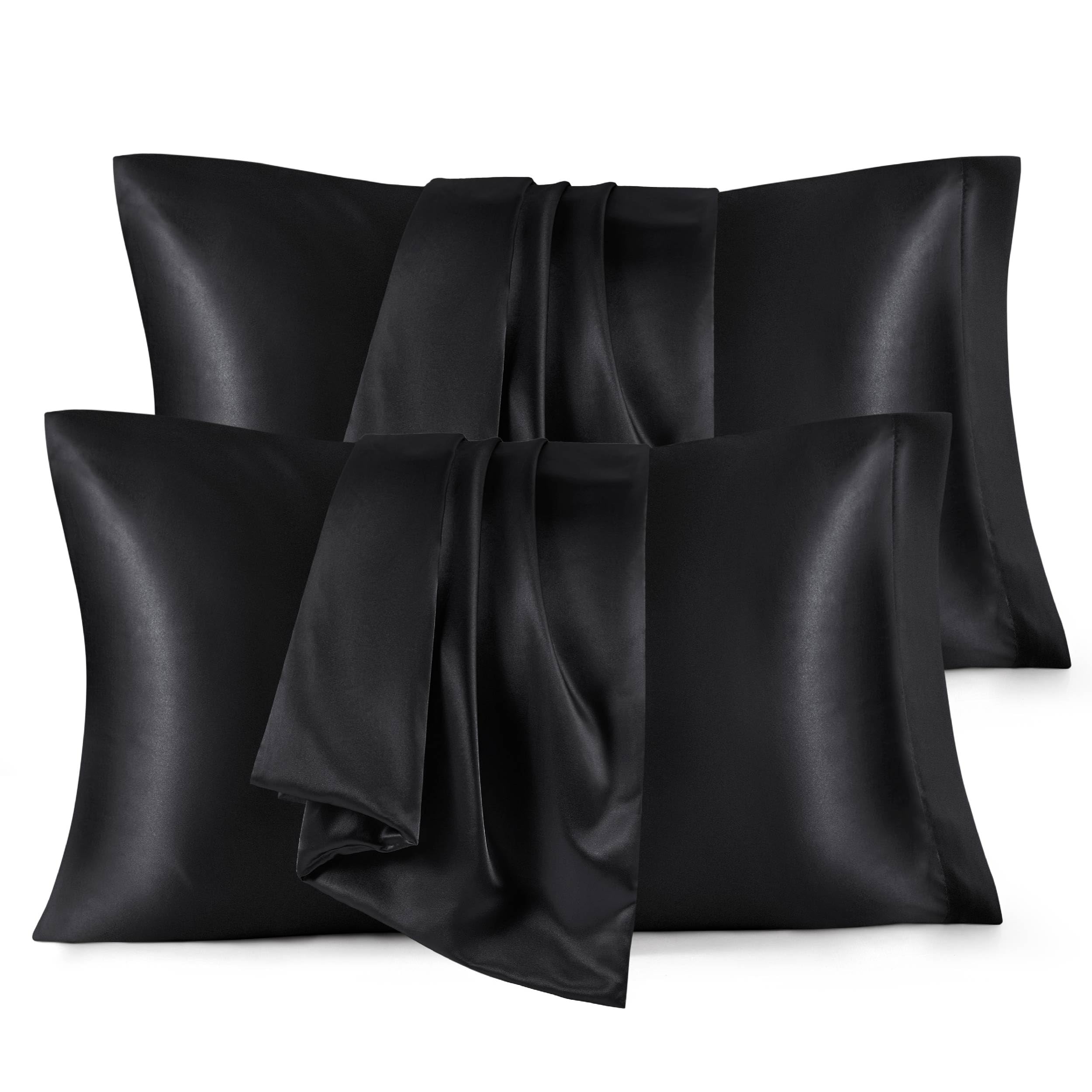 Bedsure Satin Pillowcase for Hair and Skin Queen - Black Silky Pillowcase 4 Pack 20x30 Inches with Envelope Closure, Similar to 