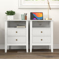 RoyalCraft Fluted Nightstand Set of 2 with Charging Station, White End Table with 2 Silent Slide Drawers & Storage Shelf, Modern