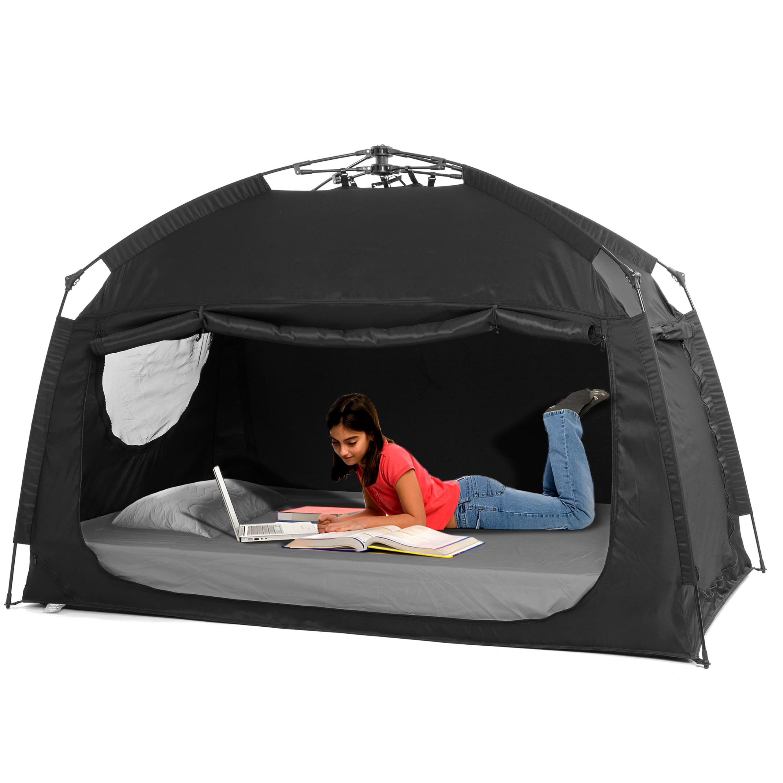 Indoor Instant Privacy Bed Tent for Sleeping,Quick Set-up Bed Canopies,Portable Bed Drapes with Large Space and 3 Doors (Black, 
