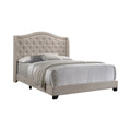 Benjara Queen Size Bed, Fabric Upholstered, Camel Back, Button Tufted, Beige
