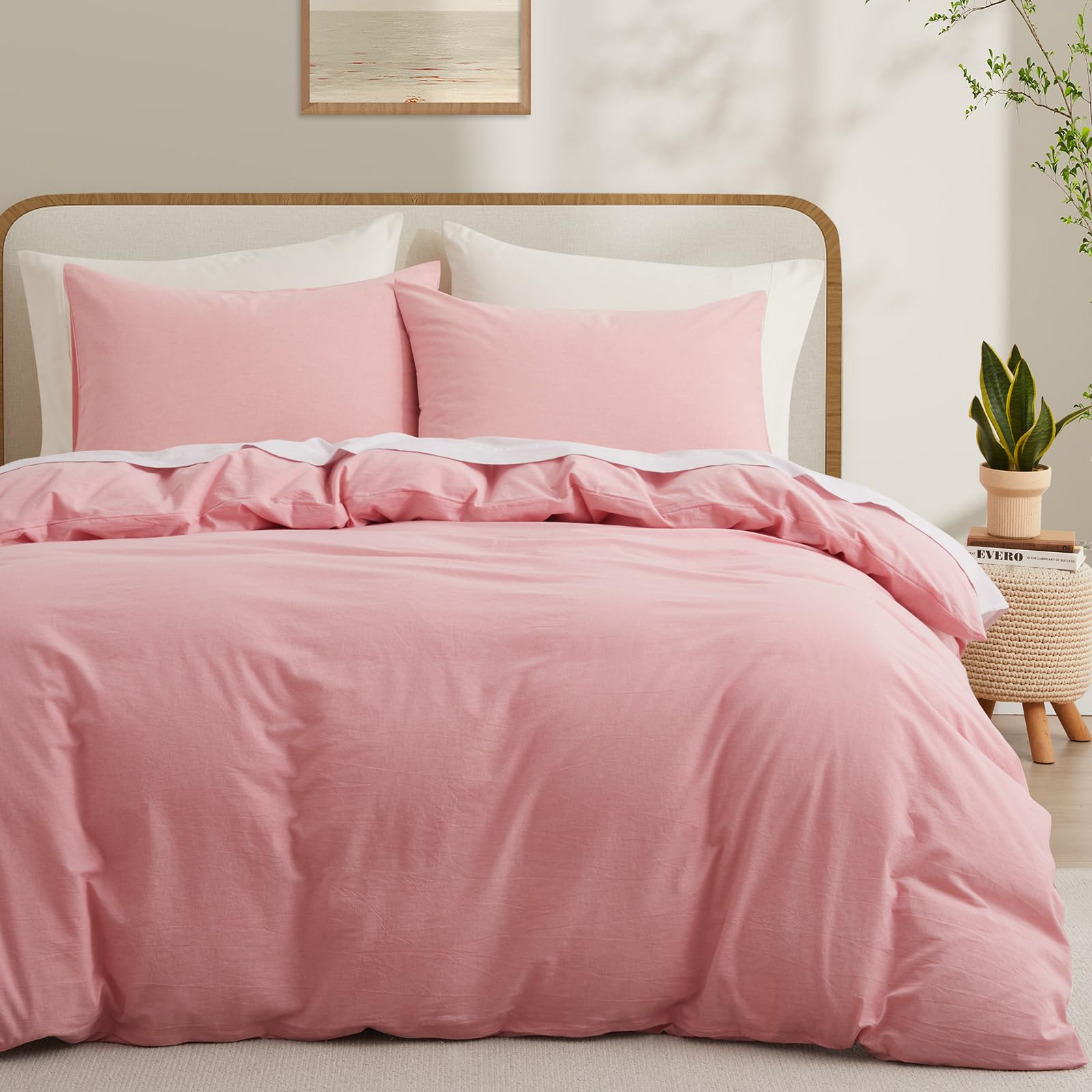 LOVQUE Pink Cotton Duvet Cover Queen Size, Linen Like Natural Bedding Set with Zipper Closure (No Comforter), 90x90 Inches