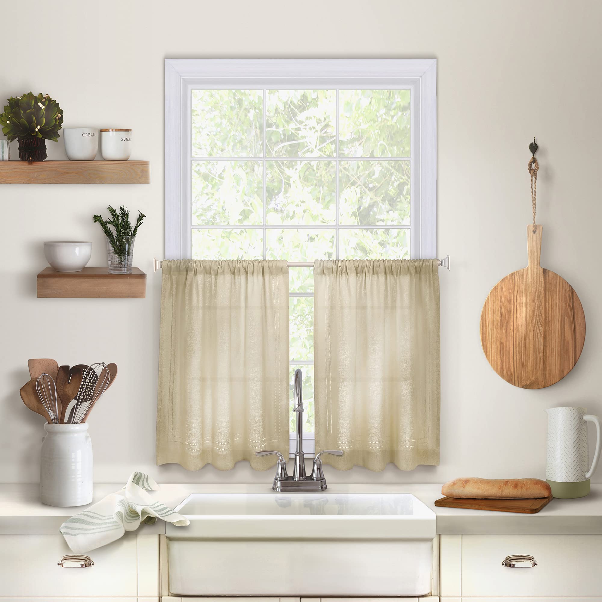 Elrene Home Fashions Cameron Linen Tier Curtains, 30 W x 24 L Each (Set of 2 Tiers), Linen