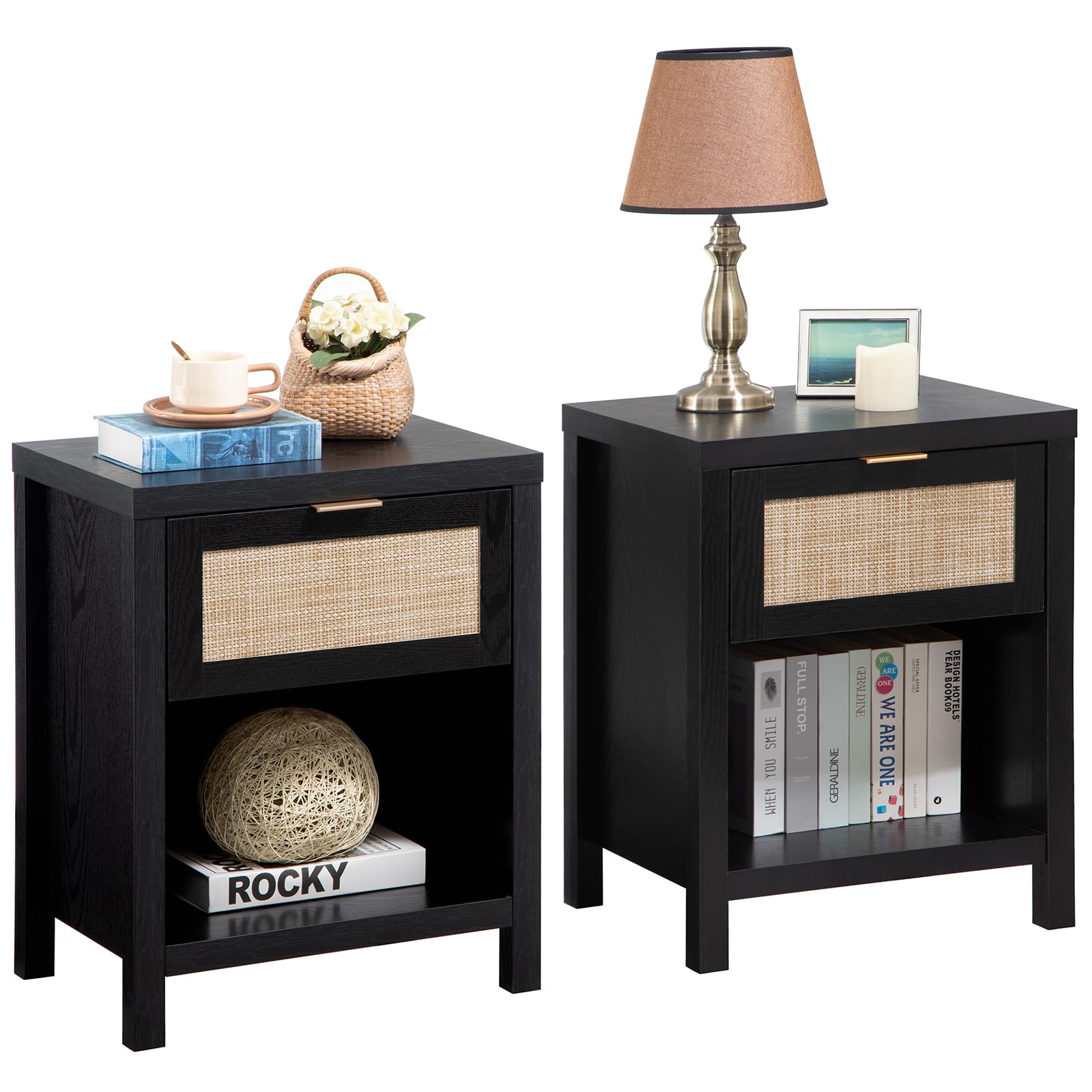 SICOTAS Rattan Night Stands Set of 2, Farmhouse Nightstand Bedside Table with Drawer and Storage Shelf, Boho End Side Table Acce