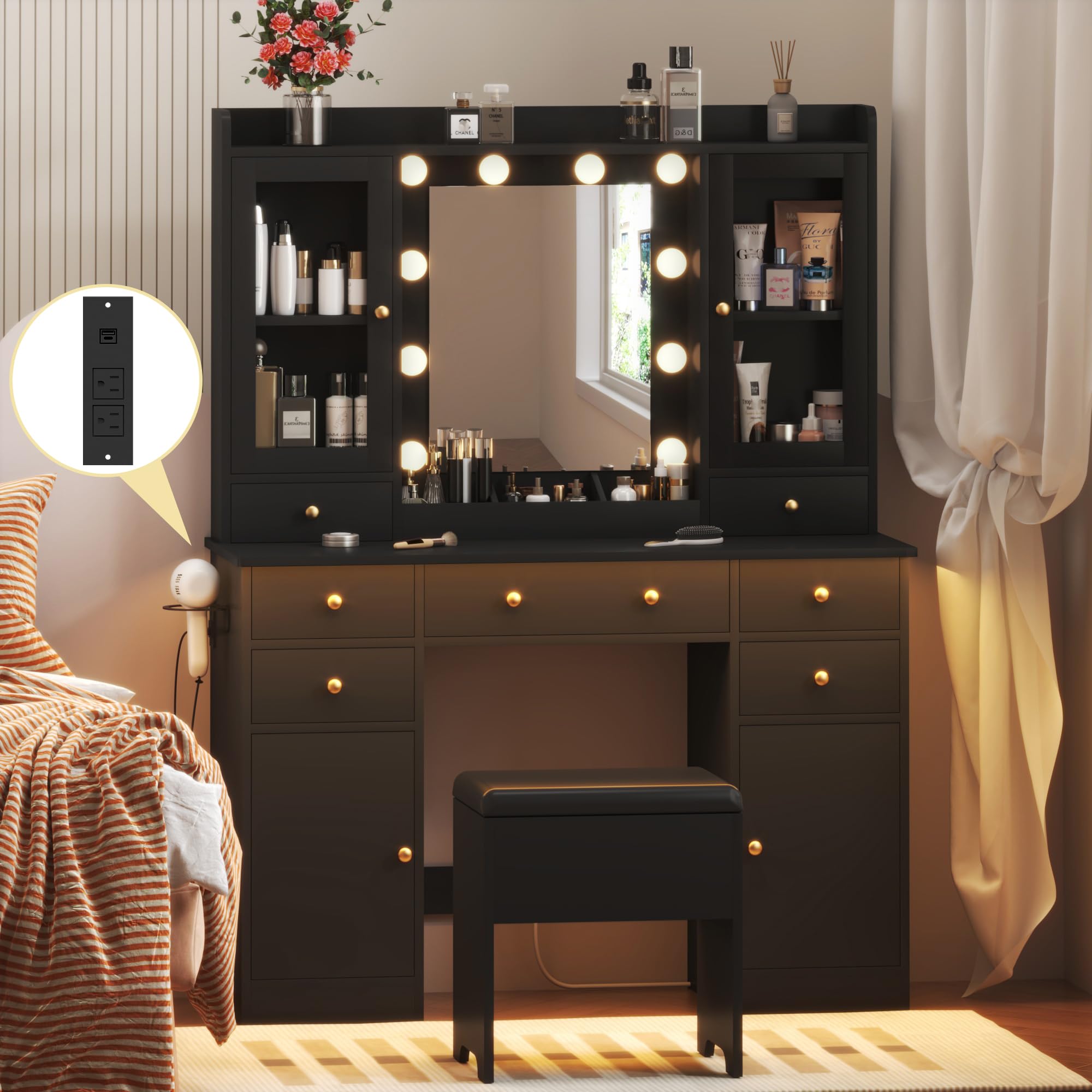HUANLEGO Vanity Desk with Mirror and Lights, Black Vanity Mirror with Lights Desk and Chair &7 Drawers, Cabinets Makeup Vanity T