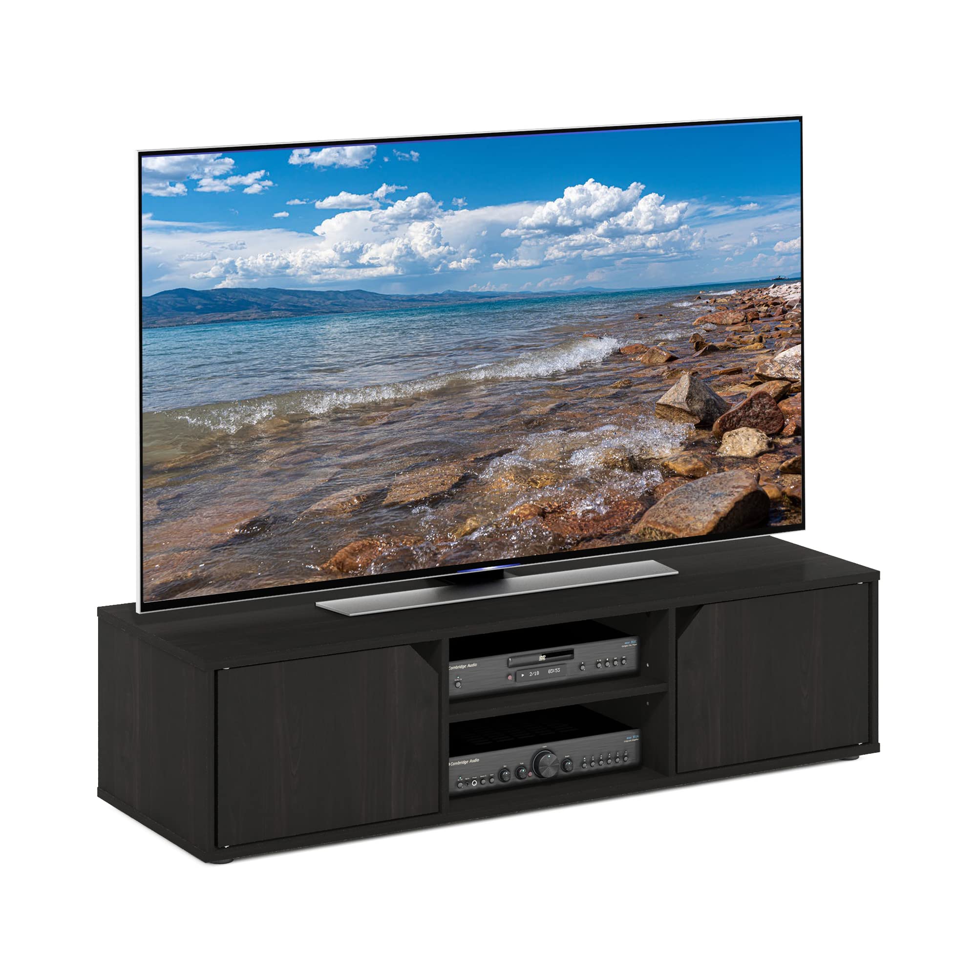 Furinno CLASSIC TV Stand, Petite 2-Tier Entertainment Center, TV Console for TV up to 55 Inch, with Doors Cabinets, 15.8 x 47.2 