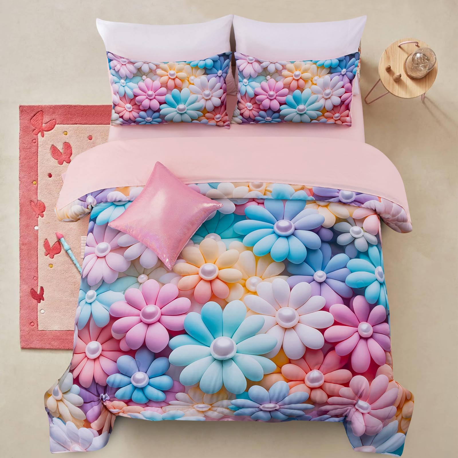 A Nice Night Stunning Blooming 3D Flower Floral Comforter Sets, with Pearl Flower Core Pattern Bedding Set for Girls Queen Size,