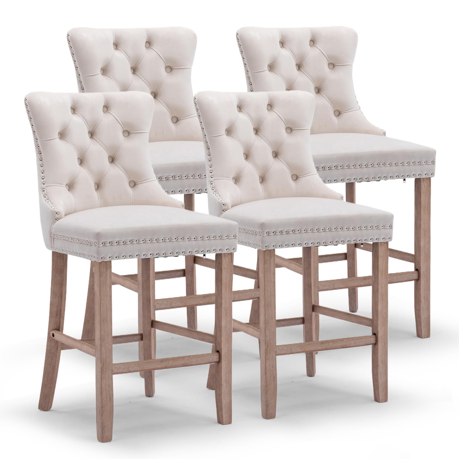 JETEAGO Bar Stools Set of 4, Velvet Upholstered Bar Stool for Kitchen Island, Counter Stools with Nailhead Trim, Beige