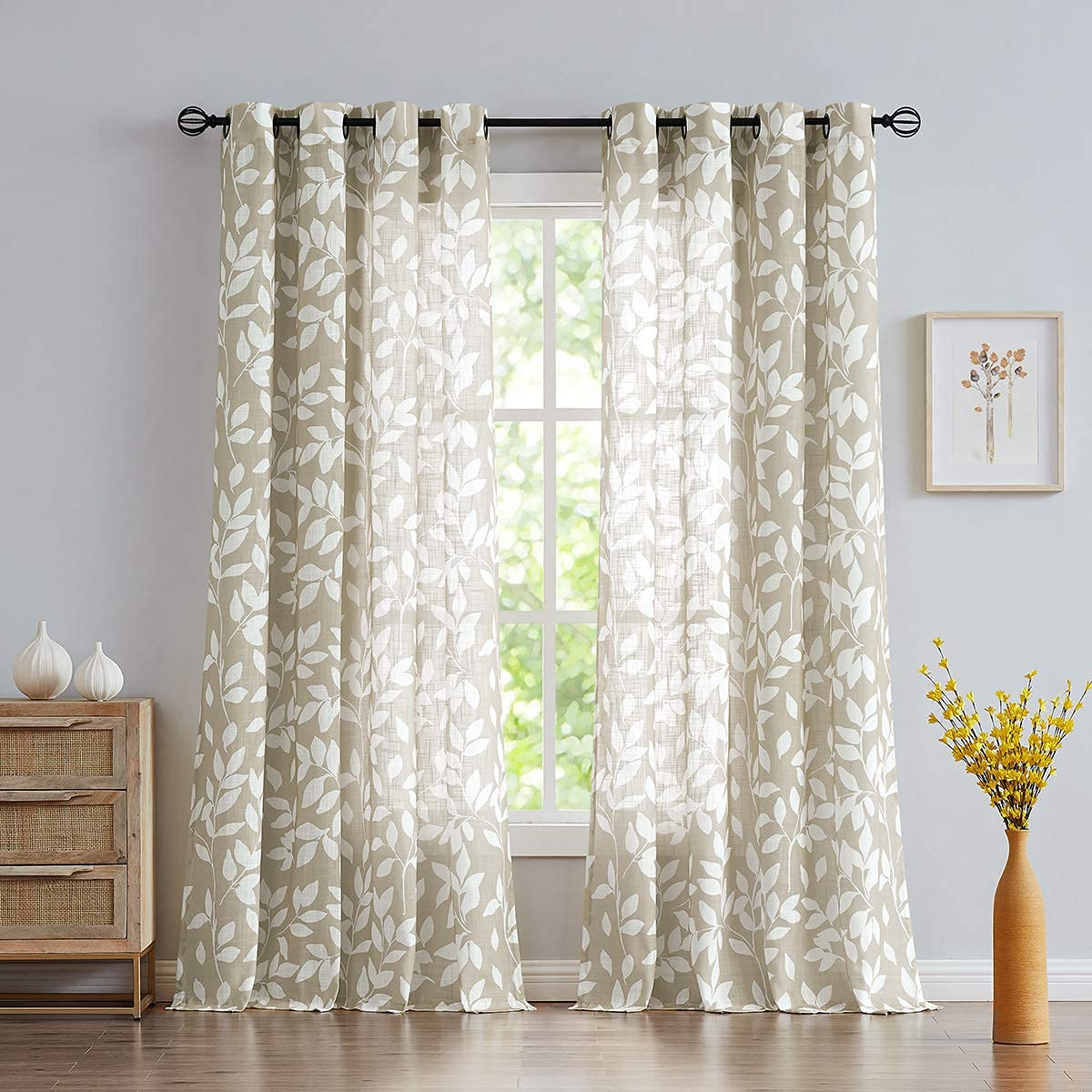 Leaf Semi Sheer Curtains for Bedroom Living Room 72 Long with White Leaves Print Curtains for Bedroom Windows 52 w, 2 Panels Tau