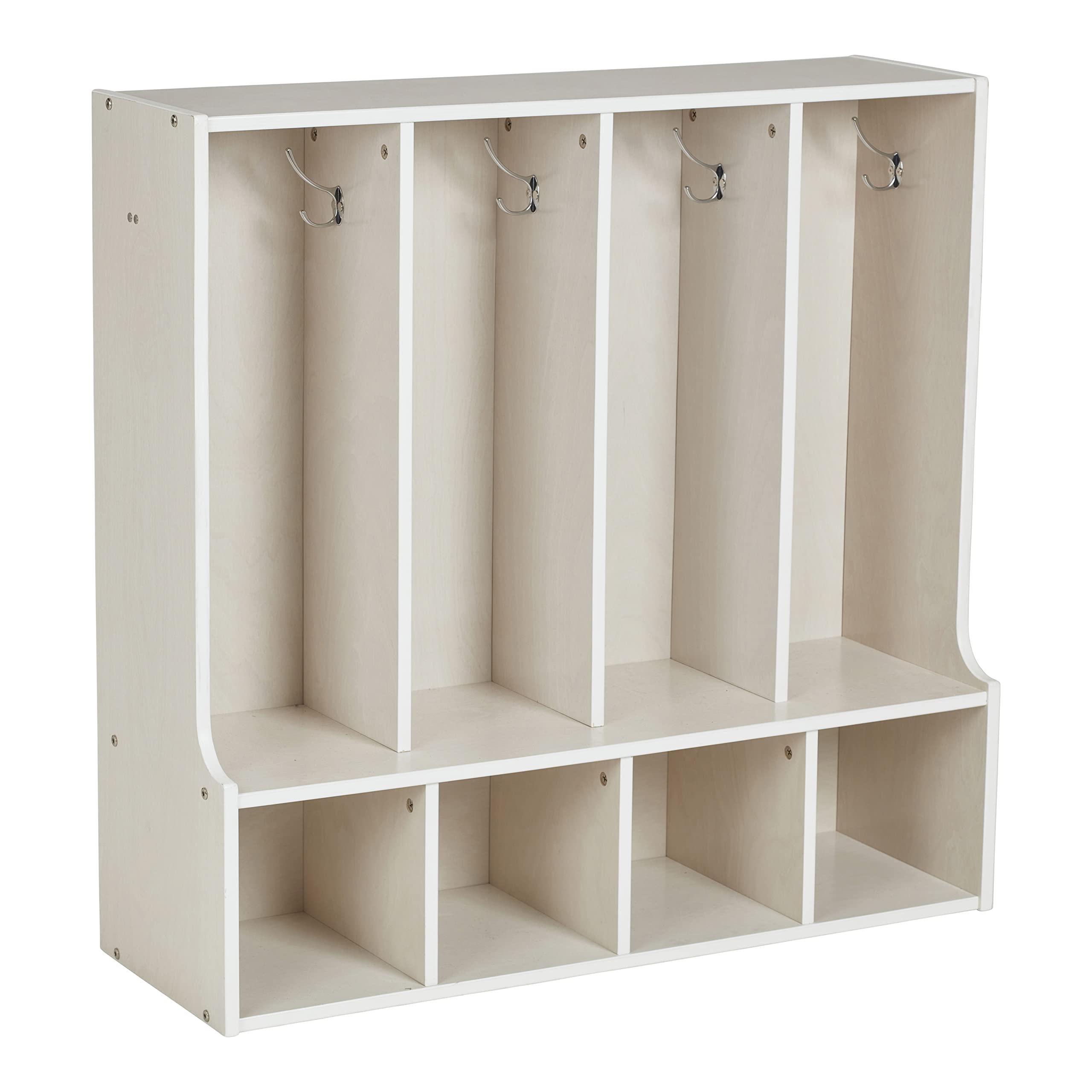ECR4Kids Streamline 4-Section Coat Locker with Bench, Toddler Size, Kids Furniture, White Wash