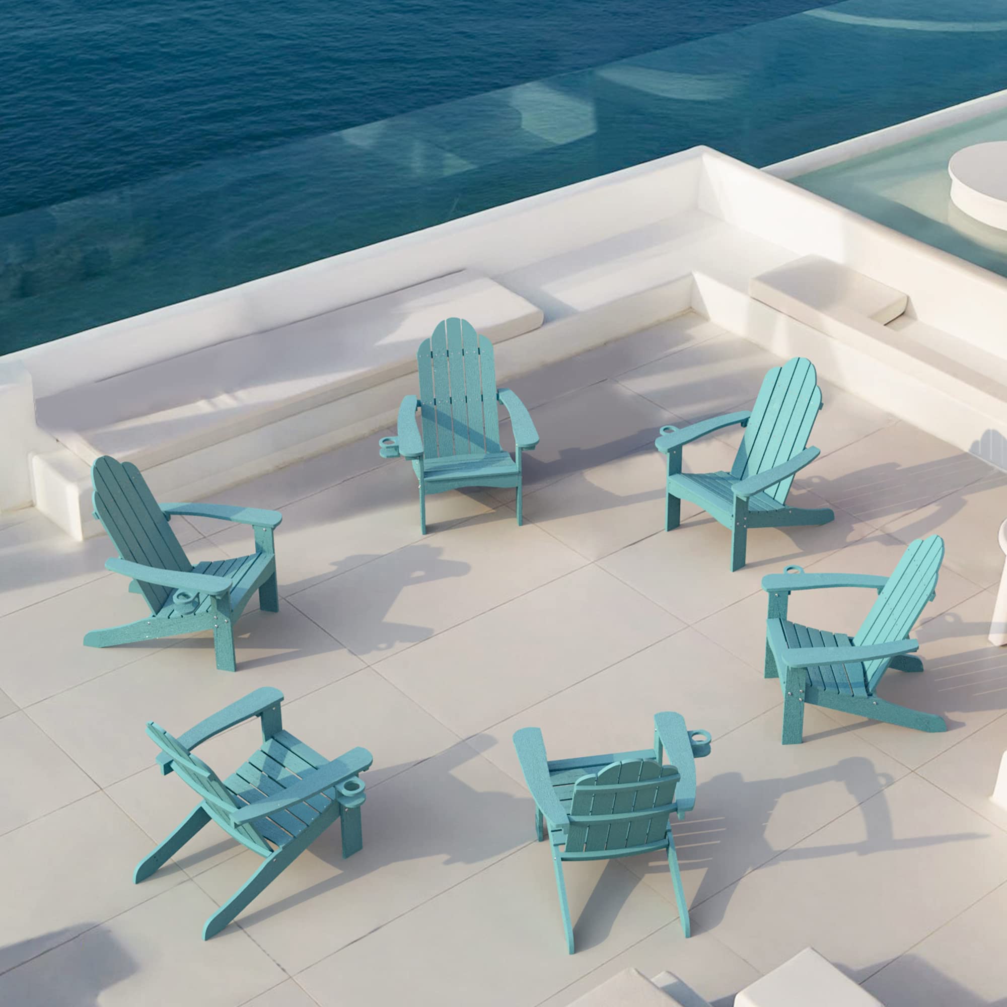 LUE BONA HDPS Adirondack Chairs Set of 6, Blue Turquoise Adirondack Chairs with Cup Holder, 300lbs Modern Adirondack Chair Weath
