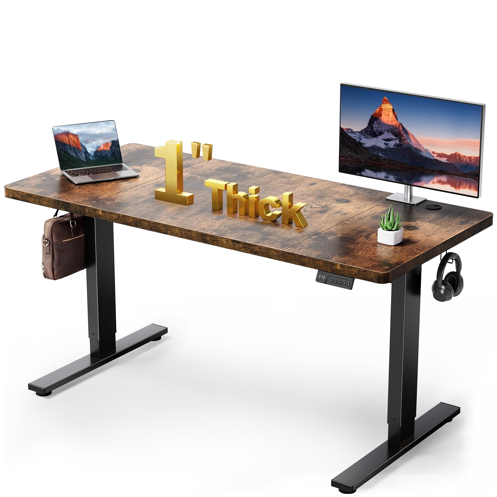 DeskShow 1 Inch Thick Tabletop Electric Standing Desk Adjustable - 60x28 Inch Sit Stand Desk, Double Beam Frame, 3 Memory Height