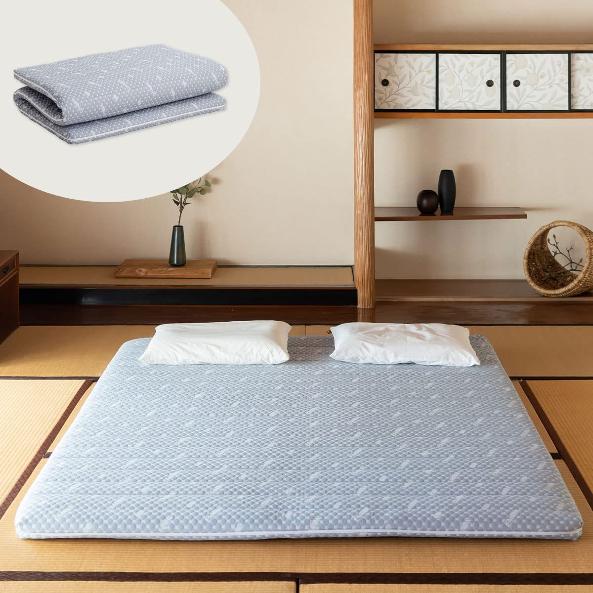EMOOR Foldable Hybrid Futon Mattress, High-Resilience Urethane Foam 150N with Washable Padded Cover, Full, Tatami Floor Sleeping