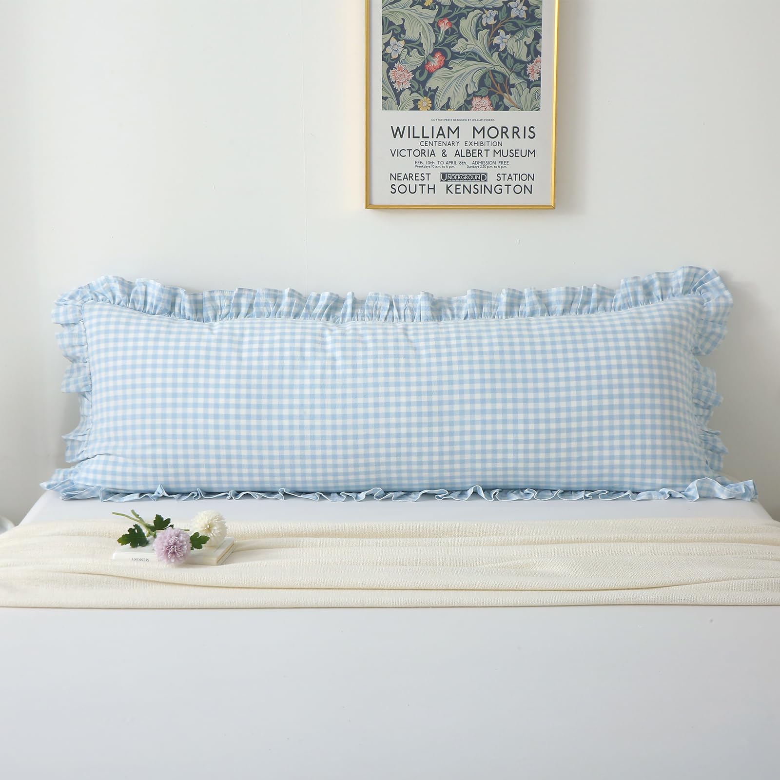 K MASANIJI Light Blue White Plaid Ruffle Gingham Bedding Body Pillow Cover, 100% Cotton Checkered Vintage Farmhouse Decorative B