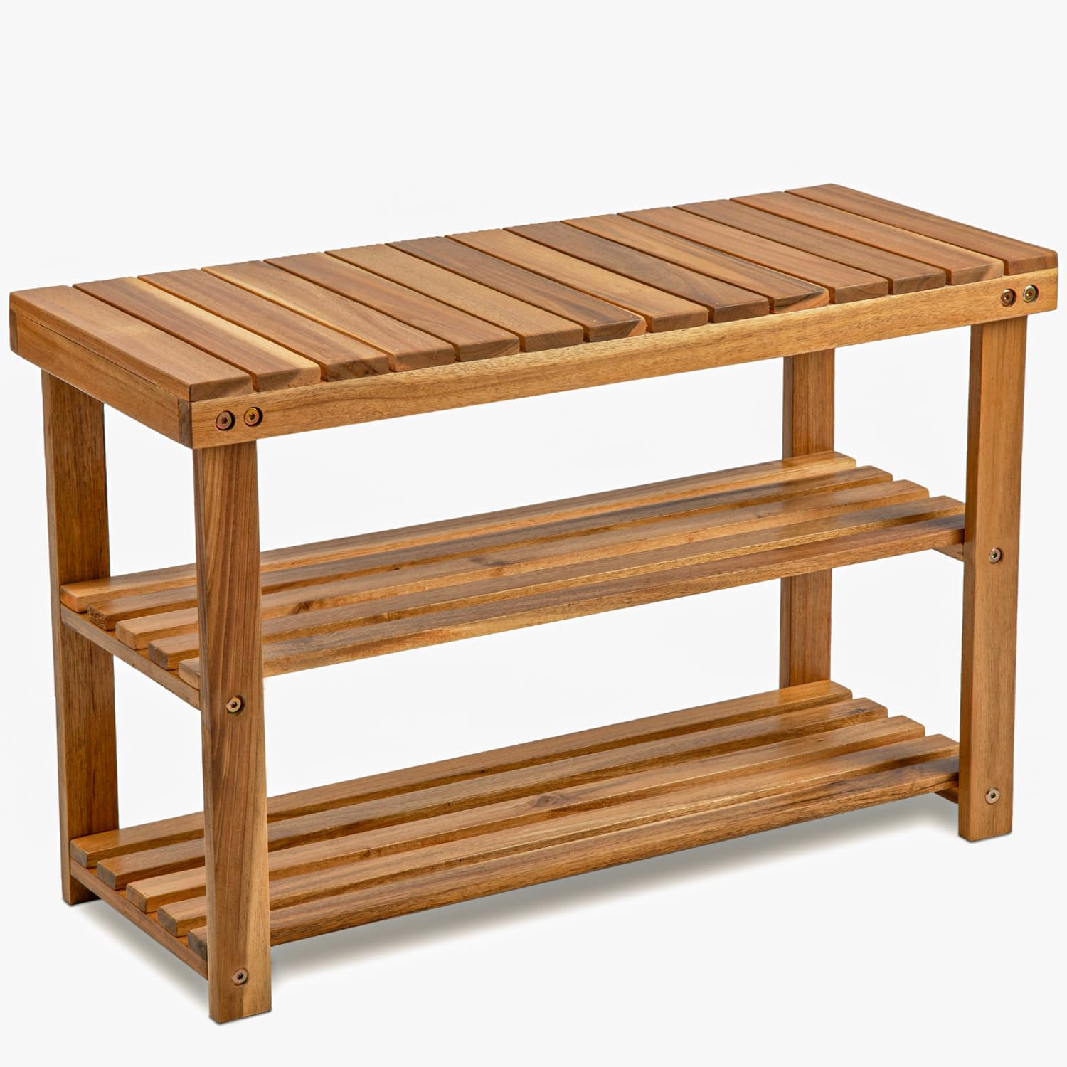 BEEFURNI Acacia Shoe Rack Bench, 3-Tier Sturdy Shoe Storage Bench, Wooden Footwear Organizer, 300 LBS Load Capacity, Perfect for