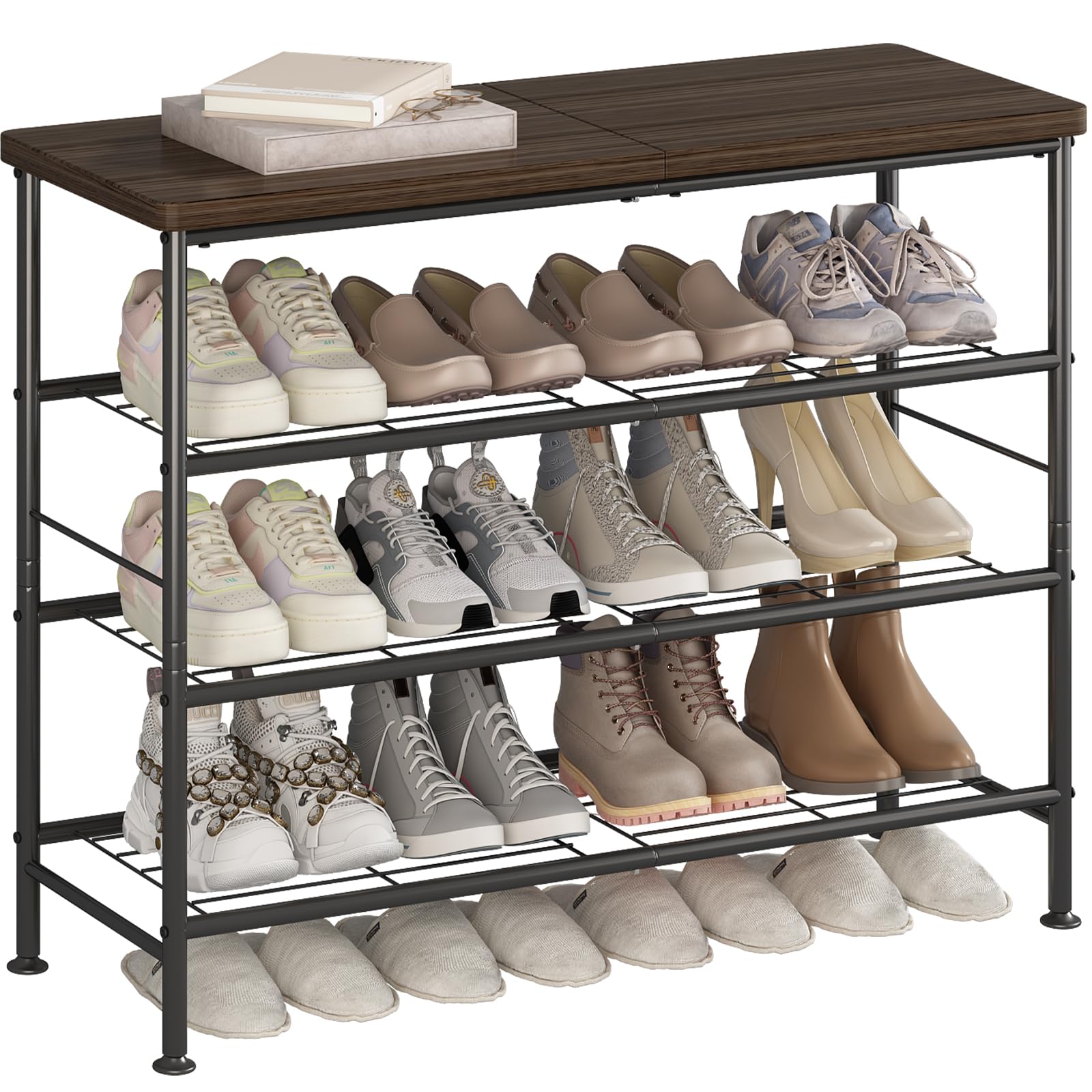 SUOERNUO Shoe Rack Organizer 4 Tier for Closet Entryway Free Standing Metal Storage Shoe Shelf with MDF Top Board