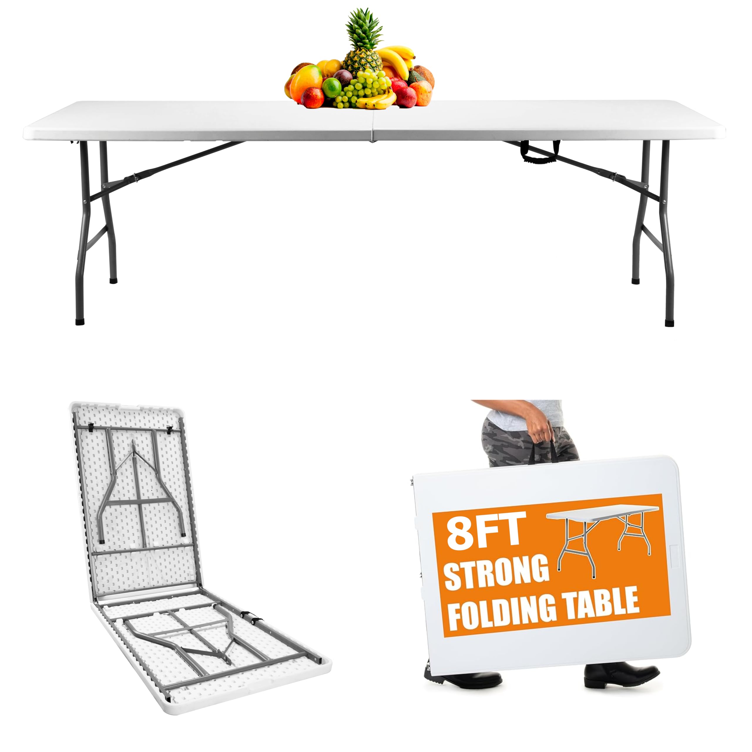 VTOY 8FT(30 x 96) Folding Table, Indoor Outdoor Heavy Duty Picnic Table with Carrying Handle,Plastic Fold up Table for Picnic, P
