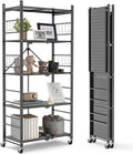 Himix Storage Shelves with 20 Hooks, 5-Tier Foldable Shelves for Storage, Folding Shelf Unit Pantry Shelves Bookshelf with Wheel
