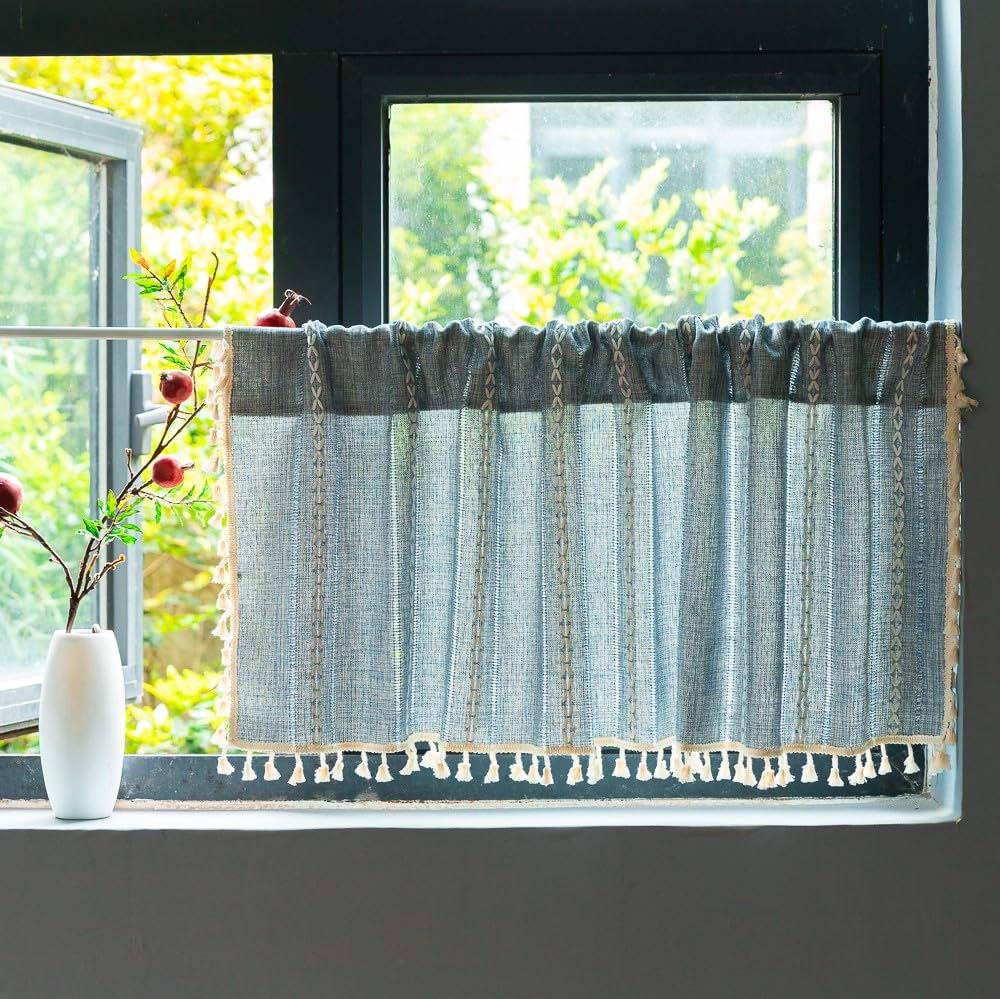 Sutuo Home Blue Boho Curtain 52W x 18L inch White Striped Light Filtering Short Valance, 1 Panel Embroidery Bohemian Farmhouse C