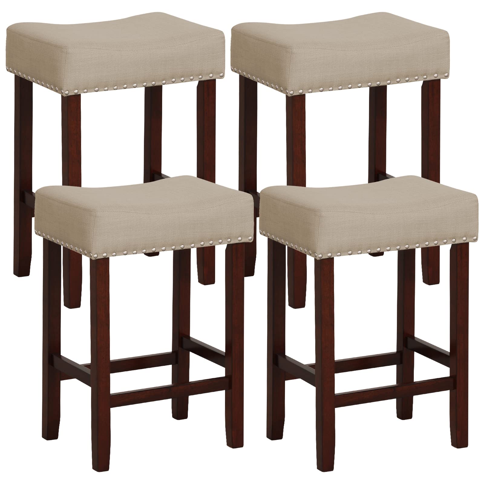 Giantex 25 Counter Height Bar Stools Set of 4 - Backless Saddle Barstools with Nailhead Linen Foam Seat, Max Load 330 Lbs Wood B