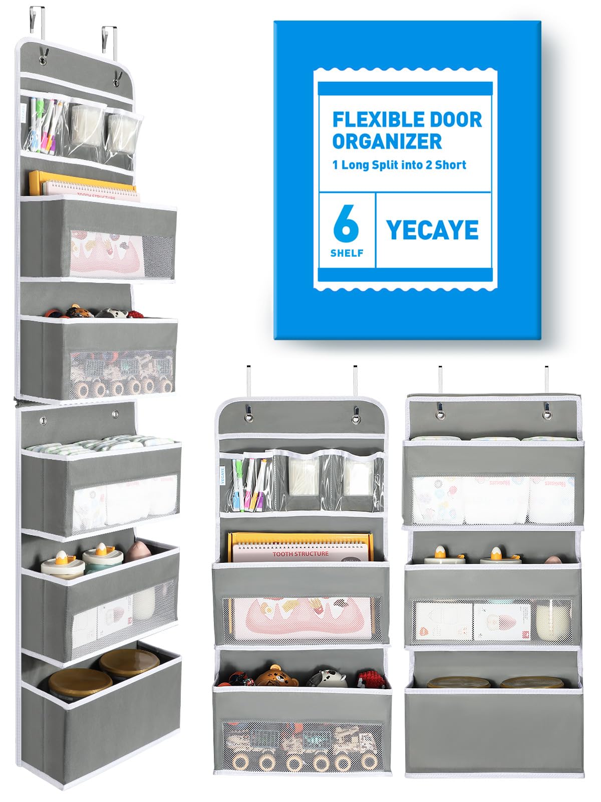 Yecaye 6-Tier Over the Door Storage Organizer, Flexible 1 Split into 2 Swing-proof Hanging Bathroom Storage Organization, Bedroo