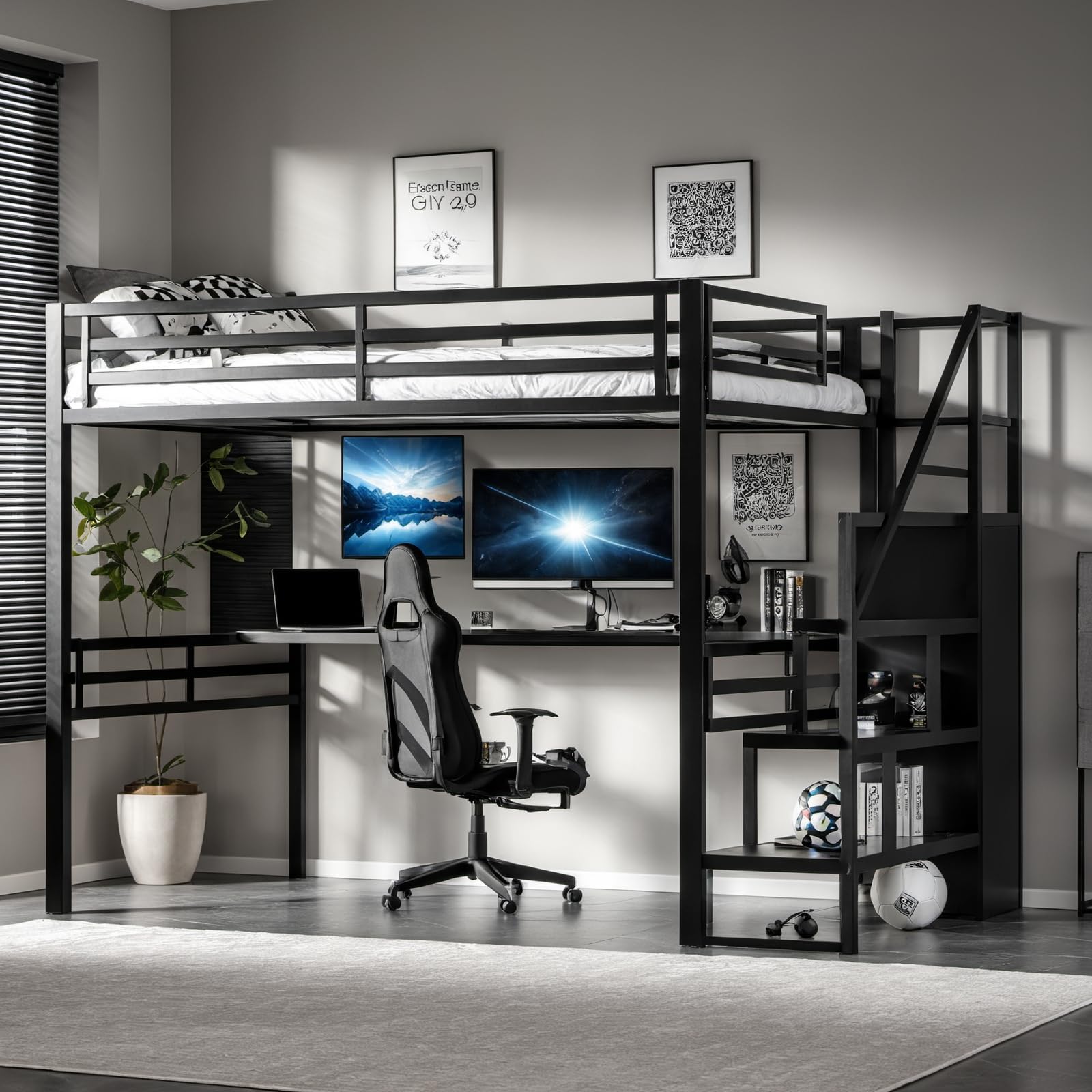 DNYN Stairway Full Size Loft Bed with Desk for Kids Bedroom,Heavy Duty Metal Bedframe w/Storage & Wardrobe Design,Space Saving D