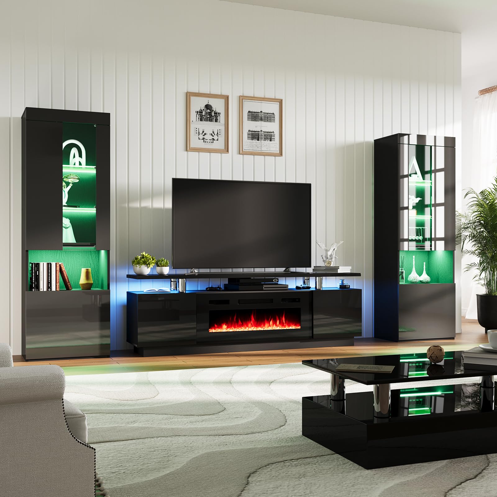AMERLIFE Entertainment Center with Fireplace and Bookcases, includes 70 2-Tier Fireplace TV Stand with 36 Fireplace, 2 x Modern 