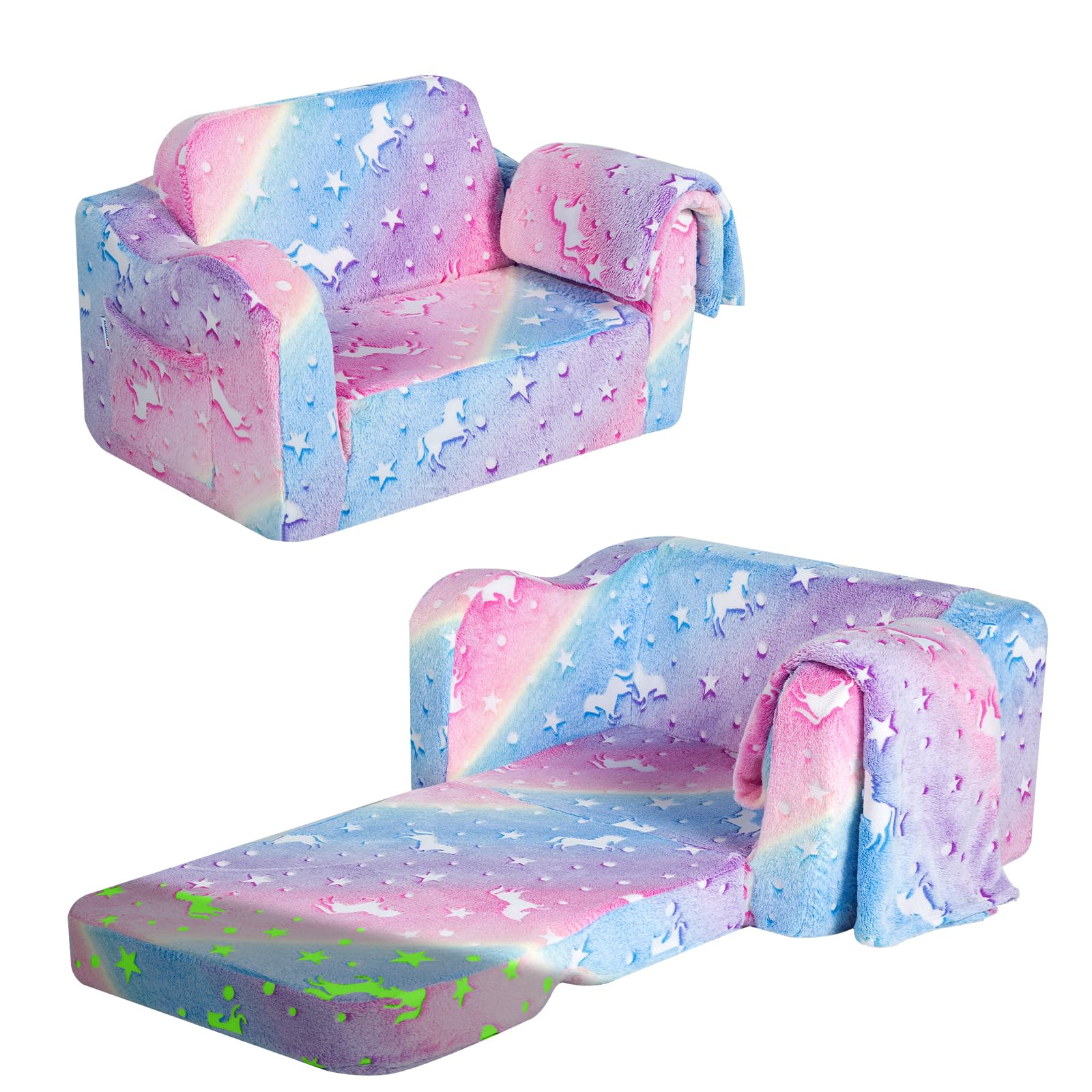 MeMoreCool Kids Couch Fold Out, Flip Out Sofa Chair with Blanket, Foldable Toddler Couch for Girls Boys, Children Convertible So