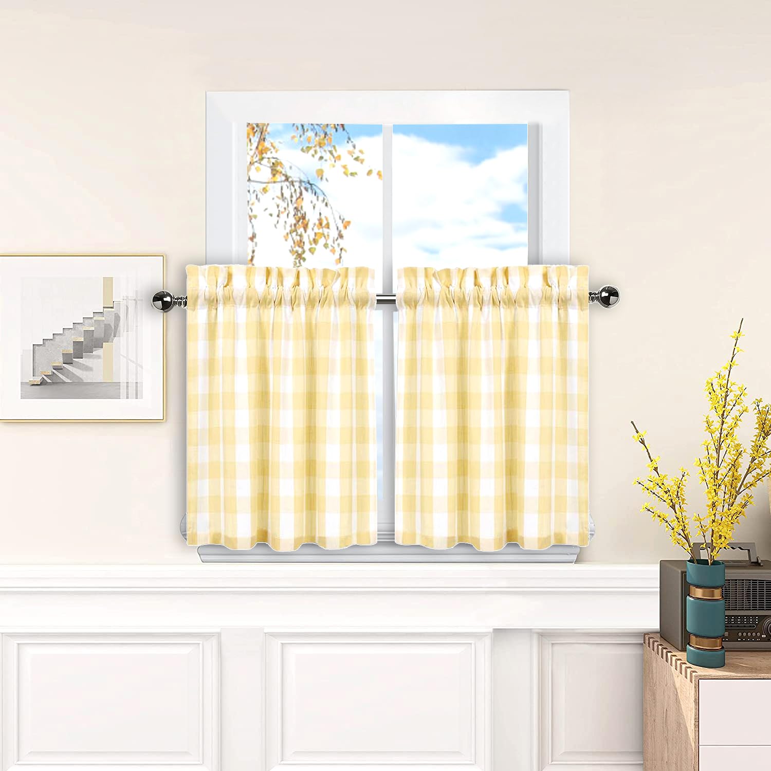 Amzdecor Buffalo Check Window Kitchen Tier Set, Yarn Dyed Curtains for Kitchen Small Cafe Curtains for Window Treatment Set Rod 