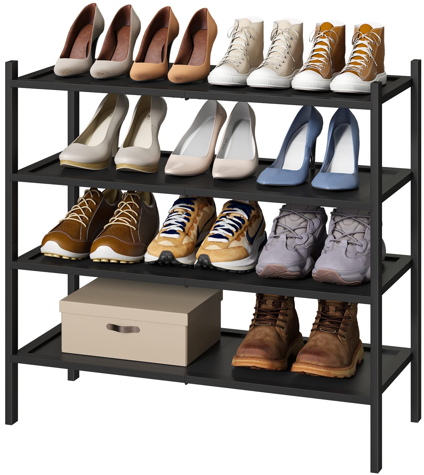 kiplant Shoe Rack for Entryway, Black Bamboo Shoe Rack 4-Tier, Stackable Shoe Organizer for Hallway Closet, Free Standing Shoe R