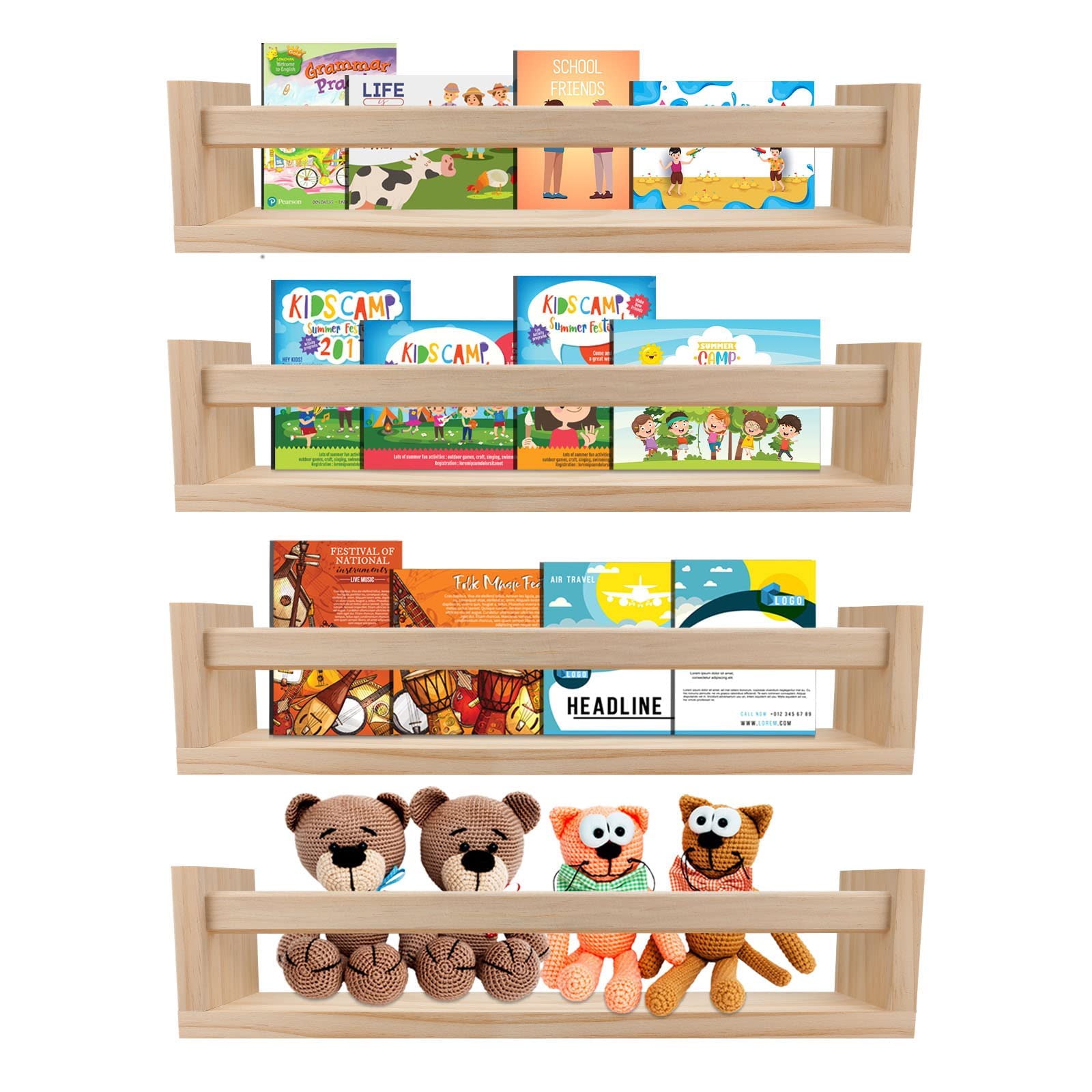birola Nursery Book Shelves Set of 4,Wood Floating Nursery Shelves for Wall,Wall Bookshelves for Kids,Bathroom Decor, Kitchen Sp