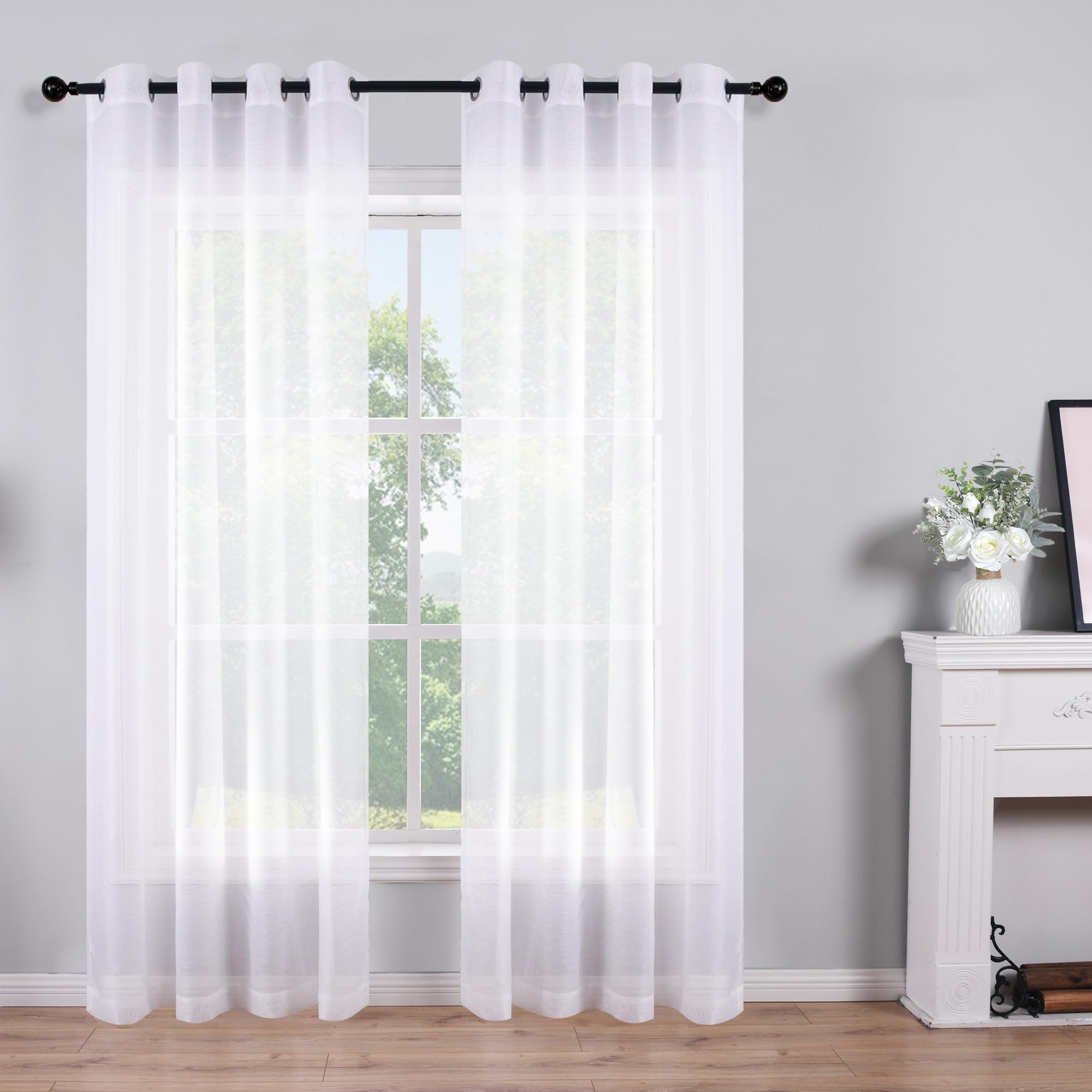 96 Inch Sheer Curtains White Grommet Set of 2 Panels Window Sheer Semi Drapes Faux Linen Look Voile Curtains for Girls Bed Room 
