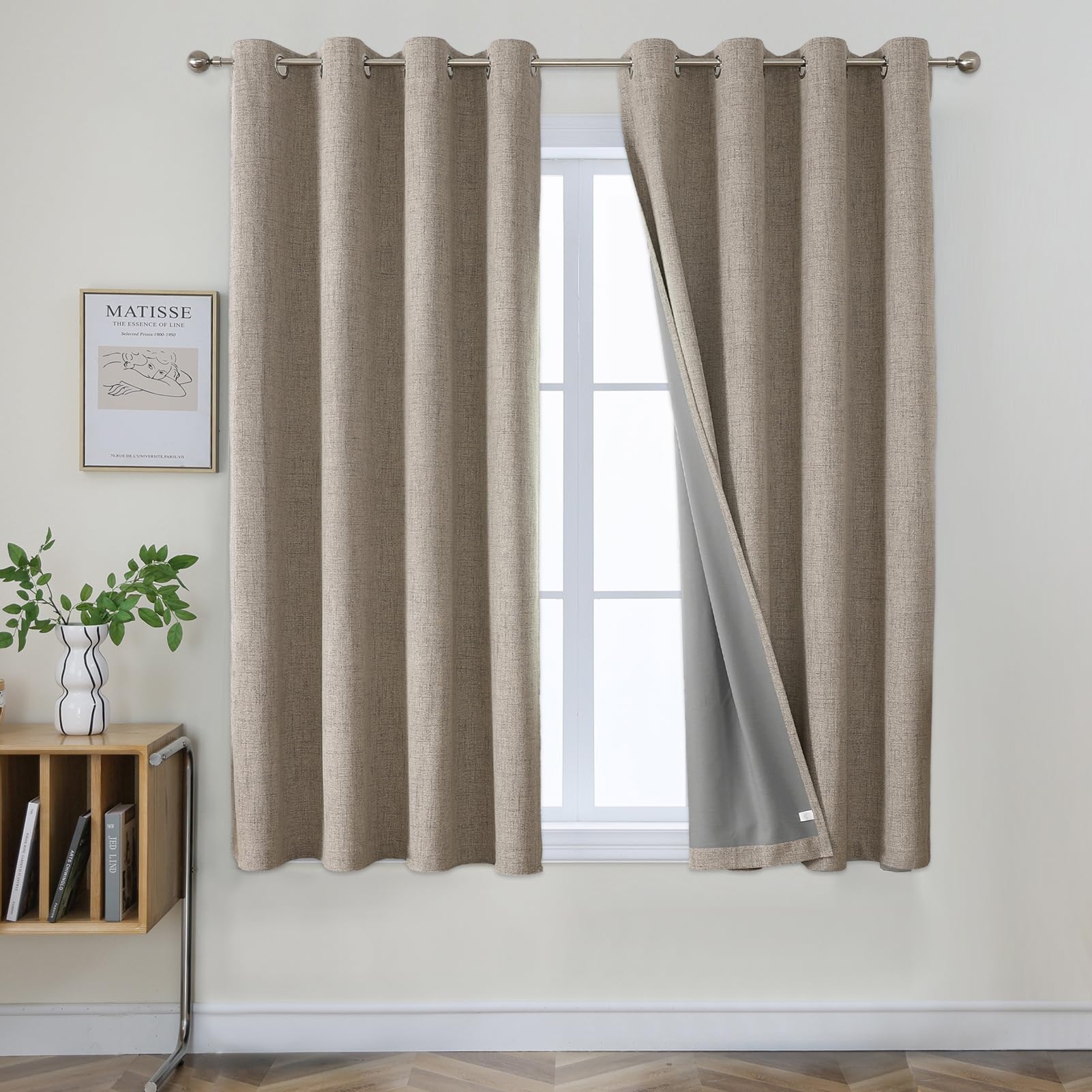 Joydeco 100% Blackout Linen Curtains 63 Inches Long 2 Panels, Thermal Insulated Burlap Curtain & Drapes, Grommet Room Darkening 