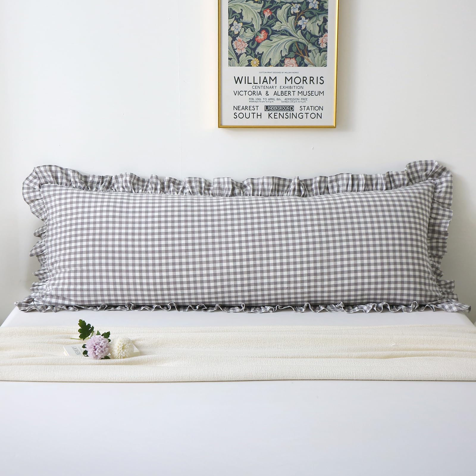 K MASANIJI Grey White Plaid Ruffle Gingham Bedding Body Pillow Cover, 100% Washed Cotton Checkered Vintage Farmhouse Decorative 