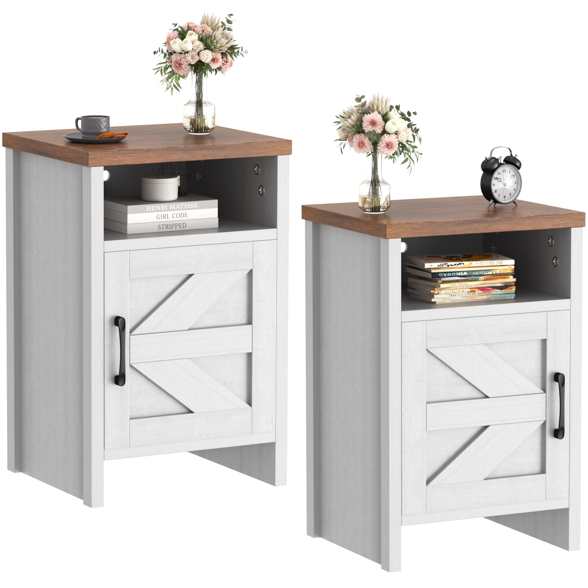 JUMMICO Farmhouse Nightstand, Modern Bedside Table with Barn Door and Shelf, Rustic End Table Side Table for Bedroom, Living Roo
