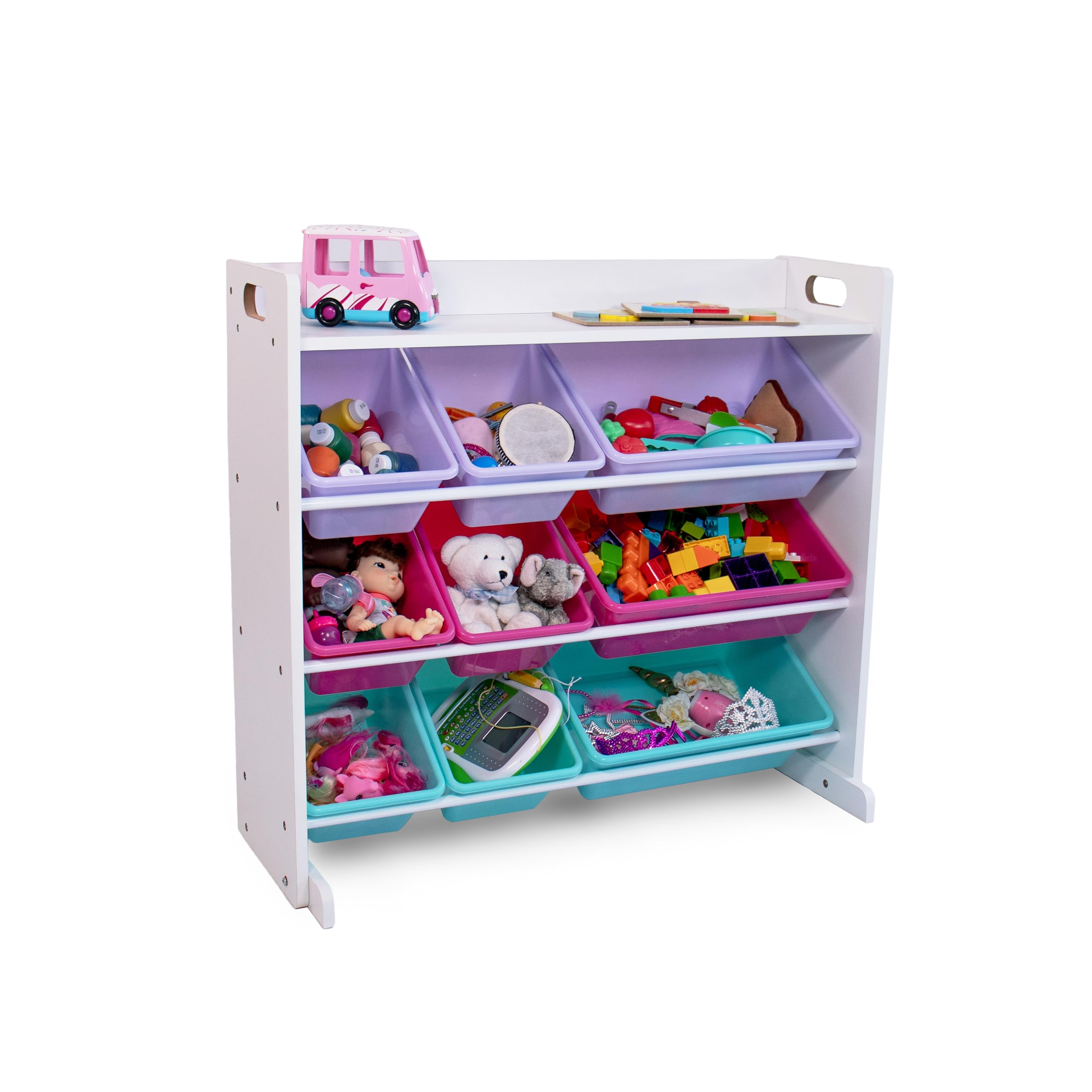 Humble Crew Crafts and Toy Storage Organizer with Top Shelf and 9 Removable Bins, White/Pink/Purple/Aqua Toddler Bookshelf with 