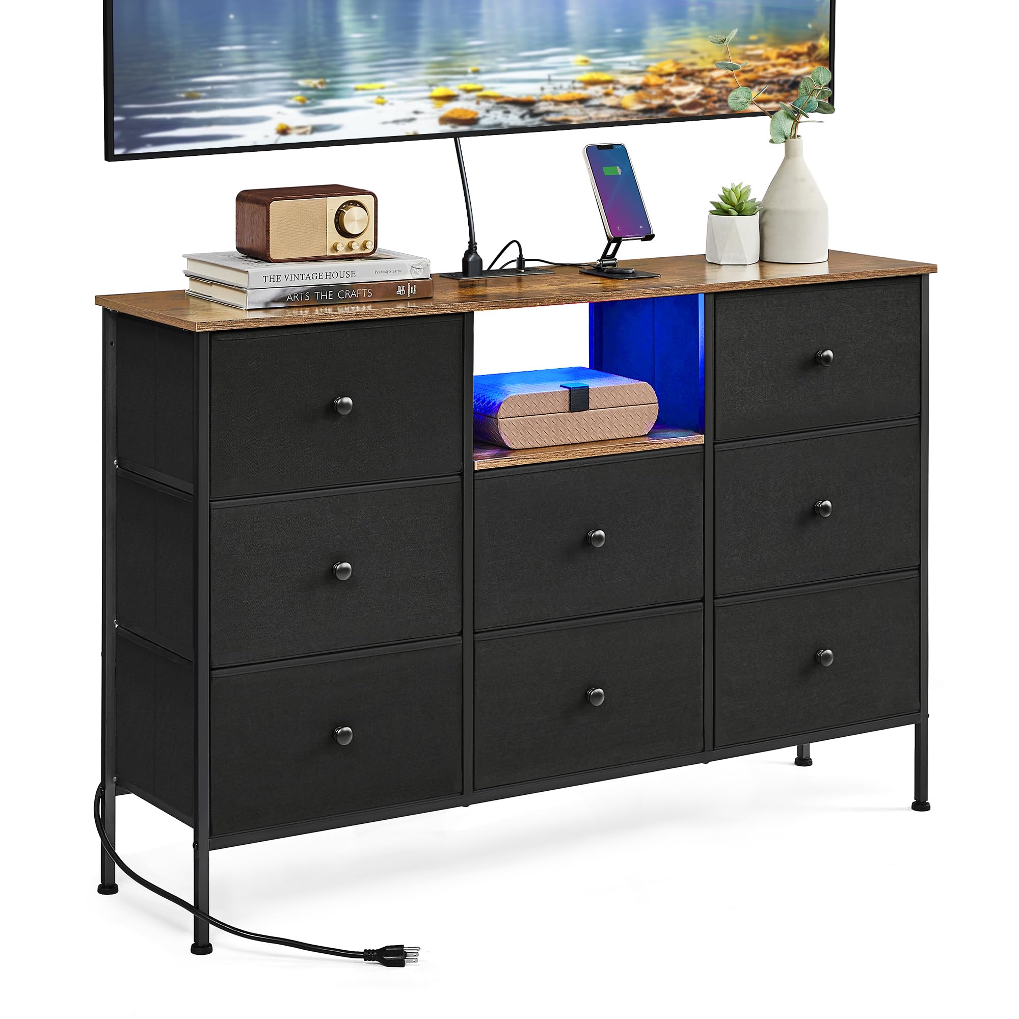 SONGMICS Dresser for Bedroom, Fabric Dresser with Power Outlets and LED Lights, TV Stand for up to 60 Inch TVs, 25 Colors, 11.8 