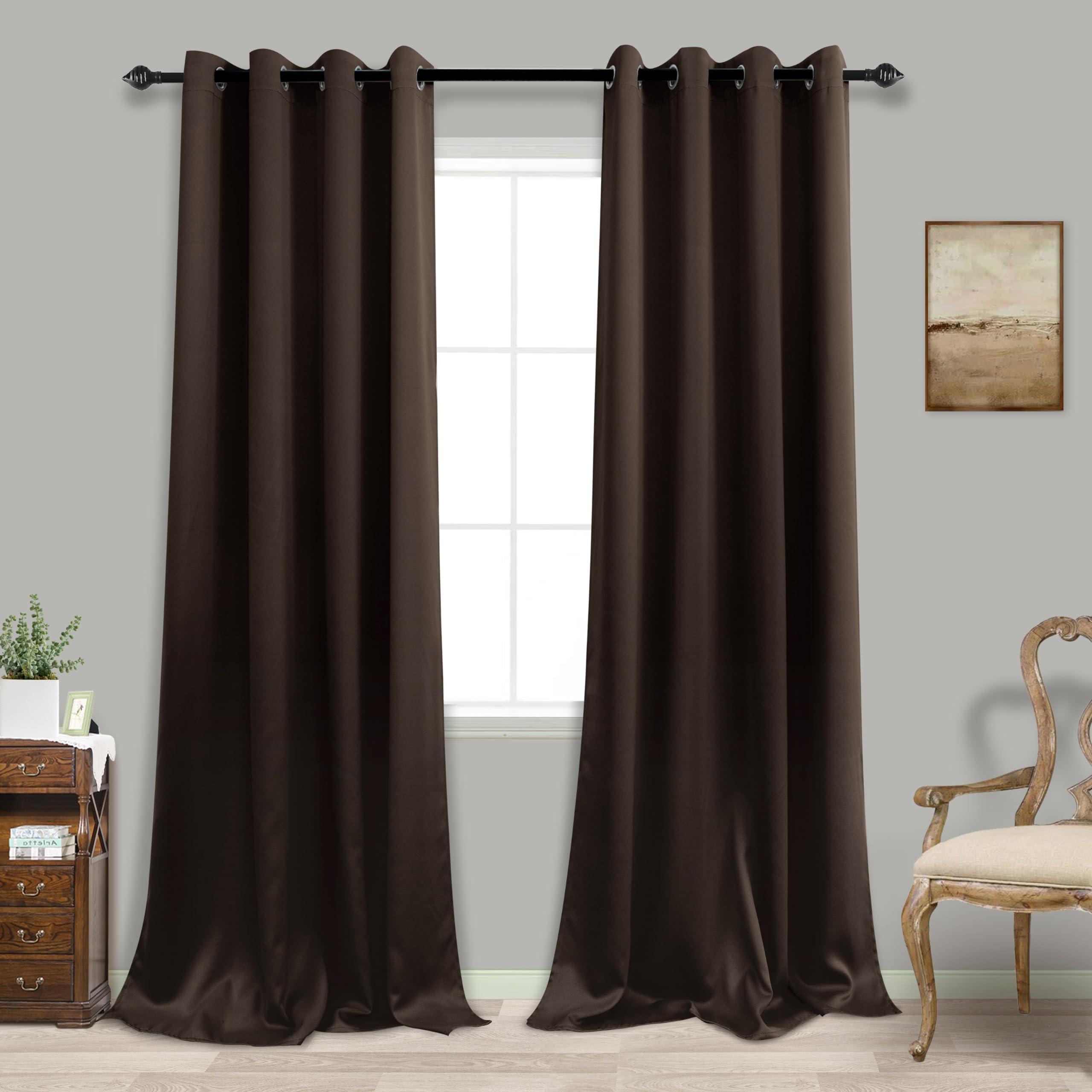Solid Dark Brown Curtains for Living Room Bay Window,Smooth Satin Touch Polyester Long Size Traditional Rustic Grommet Large Cur