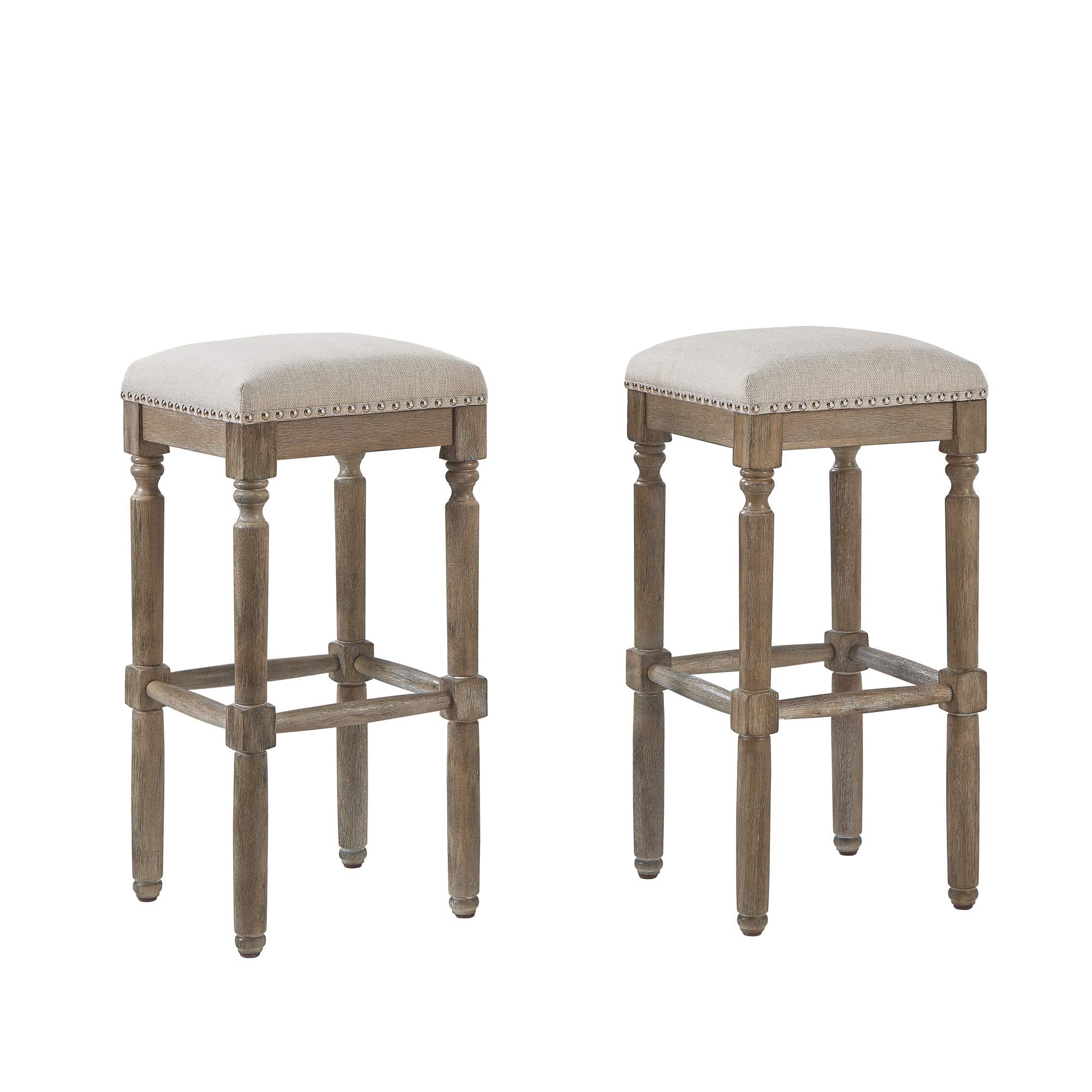 Ball & Cast Pub Height Bar Stools Upholstered Pub Stool Weathered Oak finish 30H, Taupe Fabric 2-Pack