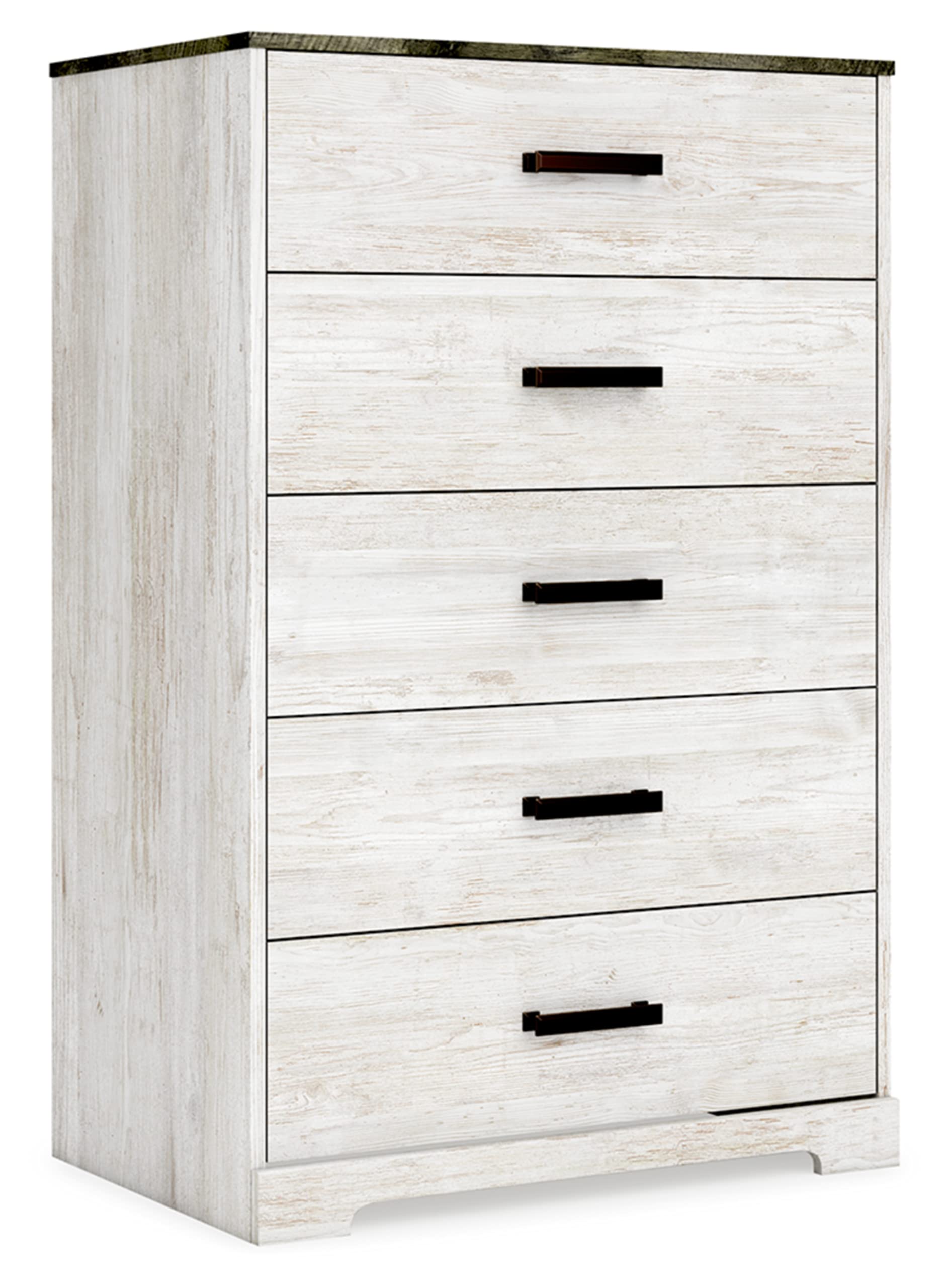 Signature Design by Ashley Shawburn Rustic 5 Drawer Chest of Smooth-Gliding Drawers and Safety Stop, White & Gray