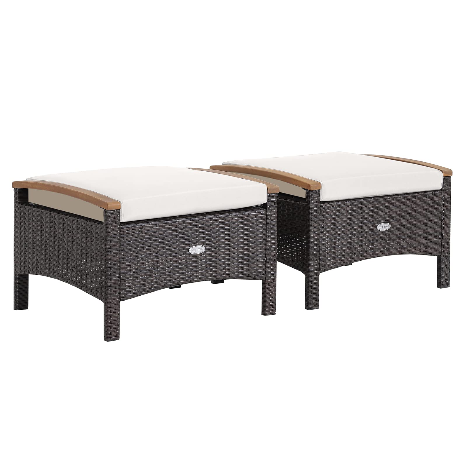 Tangkula 2 Piece Patio Rattan Ottomans, Outdoor Wicker Footstool w/Acacia Wood Handles, Soft Zippered Cushions, 3-in-1 Function 