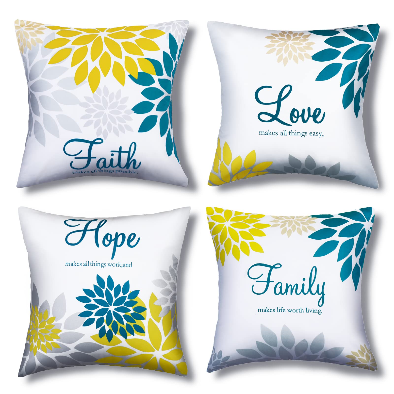 Tatuo 4 Pcs Flower Pillow Covers Square Fall Pillow Cushion Cases 18x18 Inch, Family Faith Hope Love Words Decorative Spring Sum