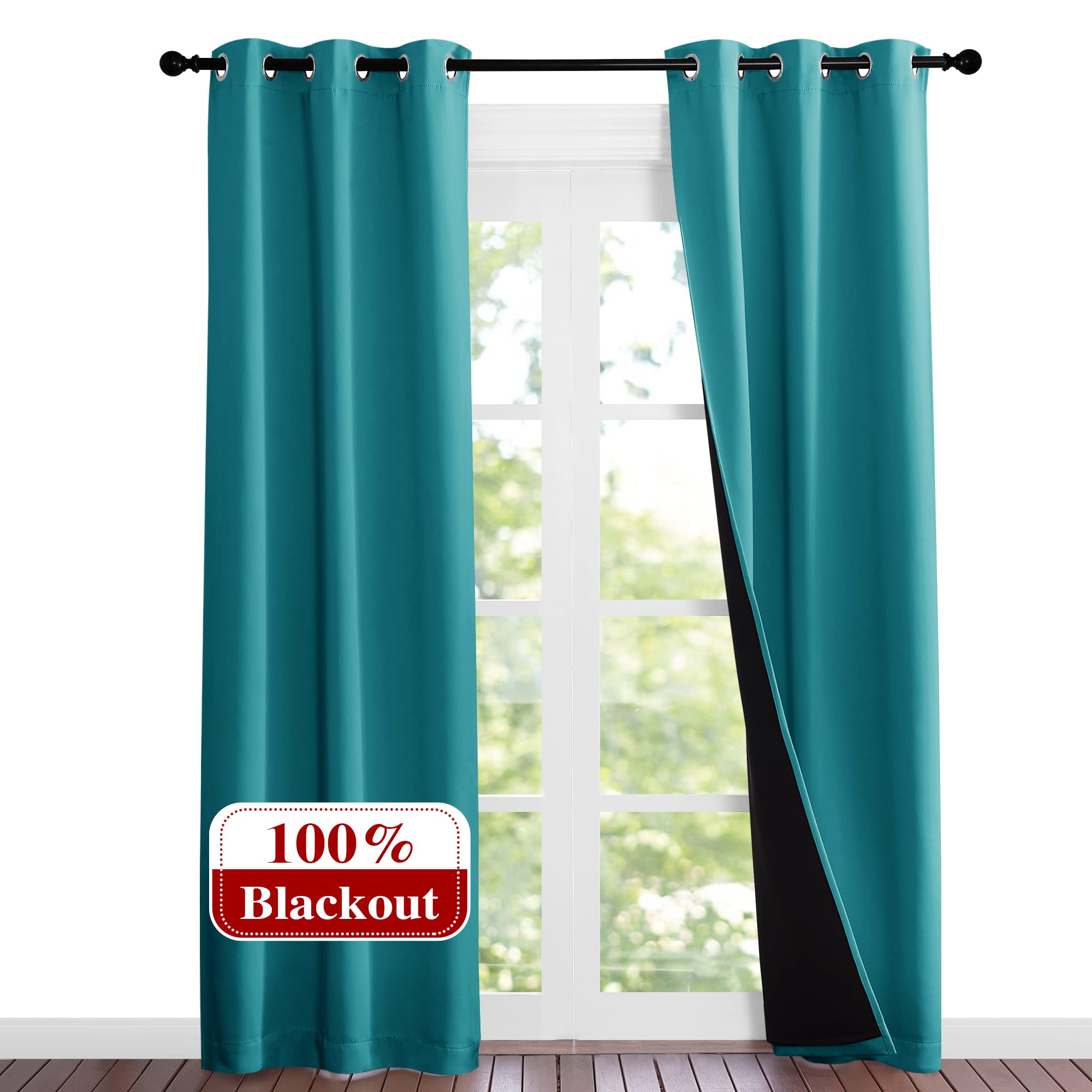 NICETOWN Peacock Teal Blackout Curtains 84 inches Long, Full Light Blocking Drapes with Black Liner for Nursery, Noise Reducing 