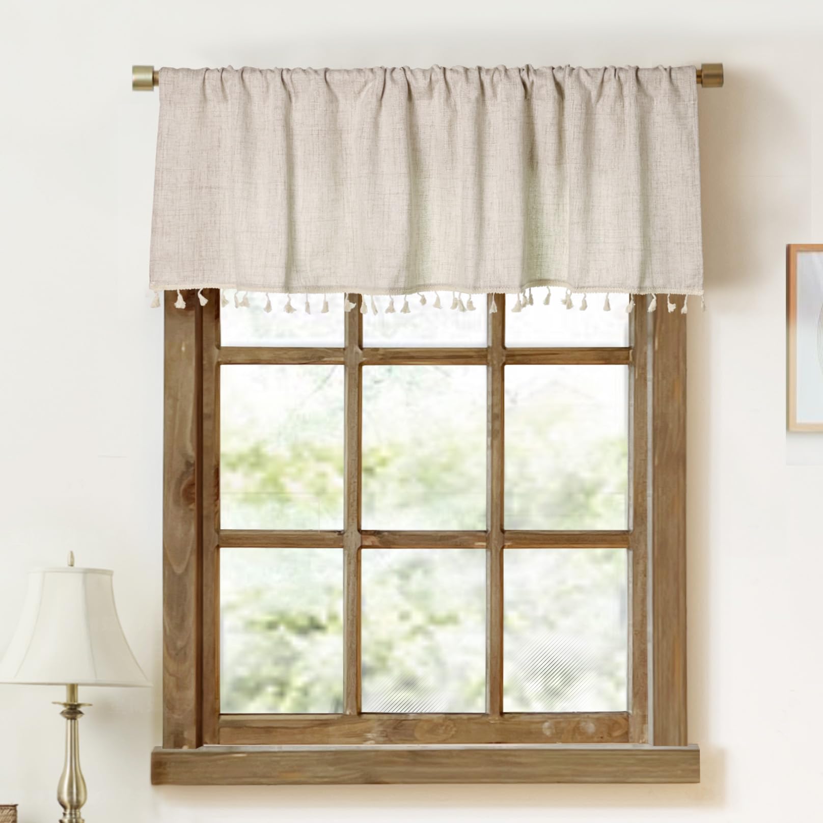 Faux Linen Tassel Kitchen Valances for Windows Modern Farmhouse Neutral Valance Curtains Topper Country Rustic Bathroom Small Wi