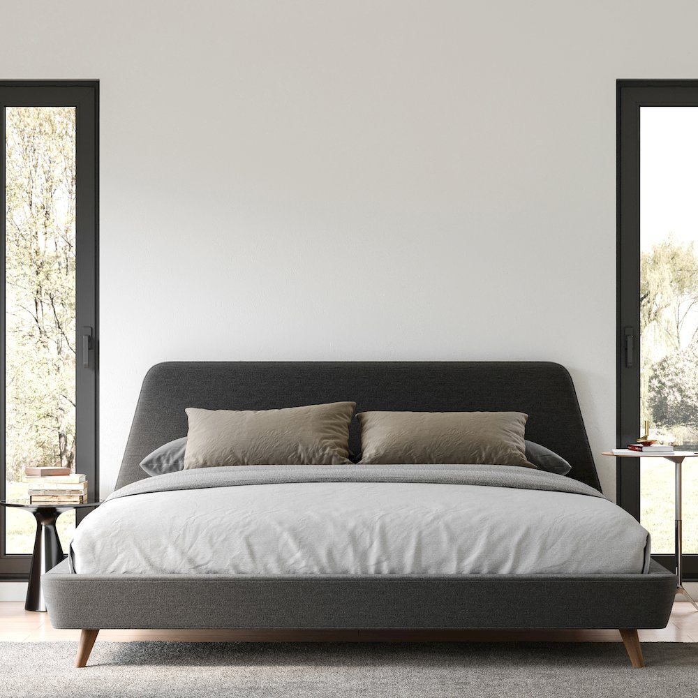 Henry Wood and Fabric Upholstered King Platform Bed in Dark Gray