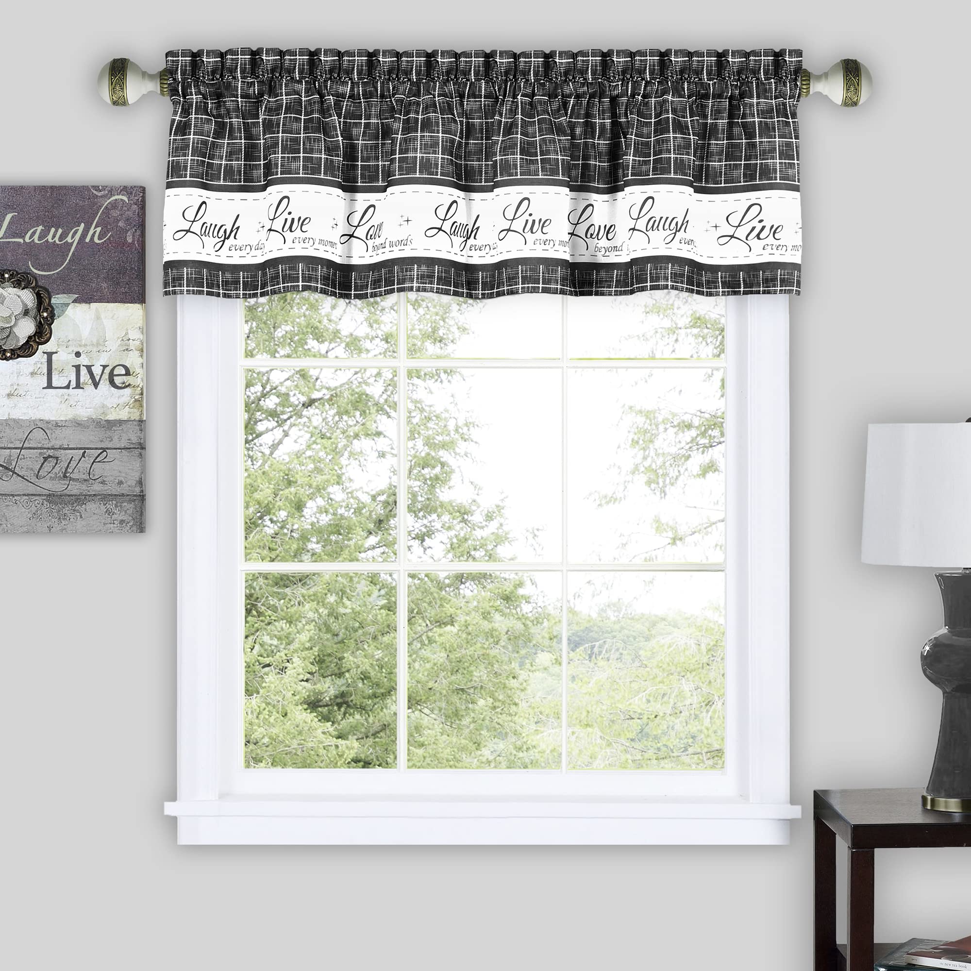 Soft Valance Window Curtains - 58 Inch Width, 14 Inch Length - Live, Love Laugh (Charcoal) - Wrinkle-Free Light Filtering Polyes