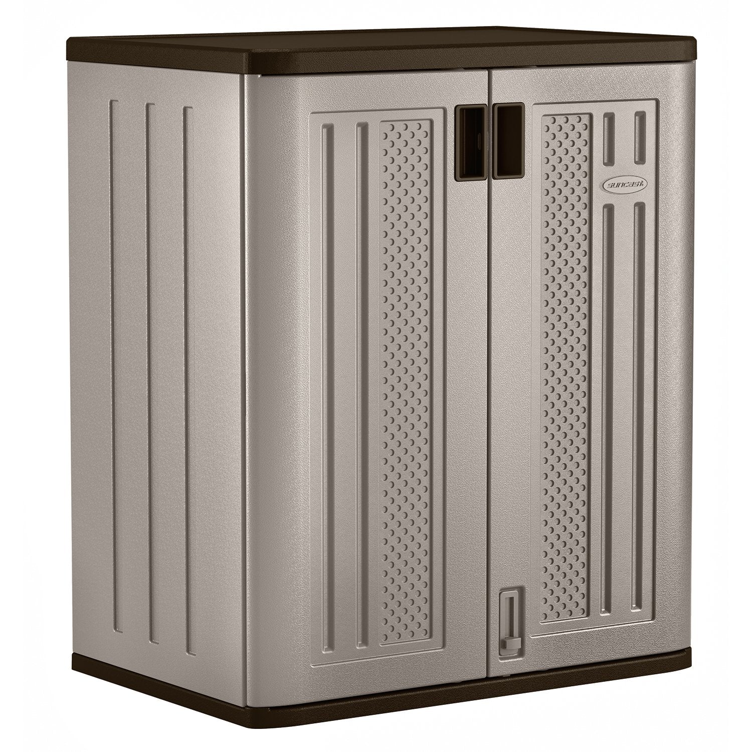 Suncast Base Storage Cabinet, Heavy-Duty Resin Multi-Wall Storage with Shelves, 9 Cubic Feet Capacity, Platinum Metallic/Slate