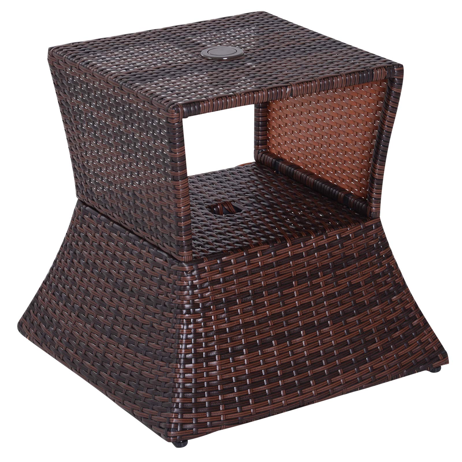 Outsunny Outdoor Side Table with Umbrella Hole, 2 Tier Rattan Wicker End Table with Storage Shelf, All Weather for Outdoor, Pati