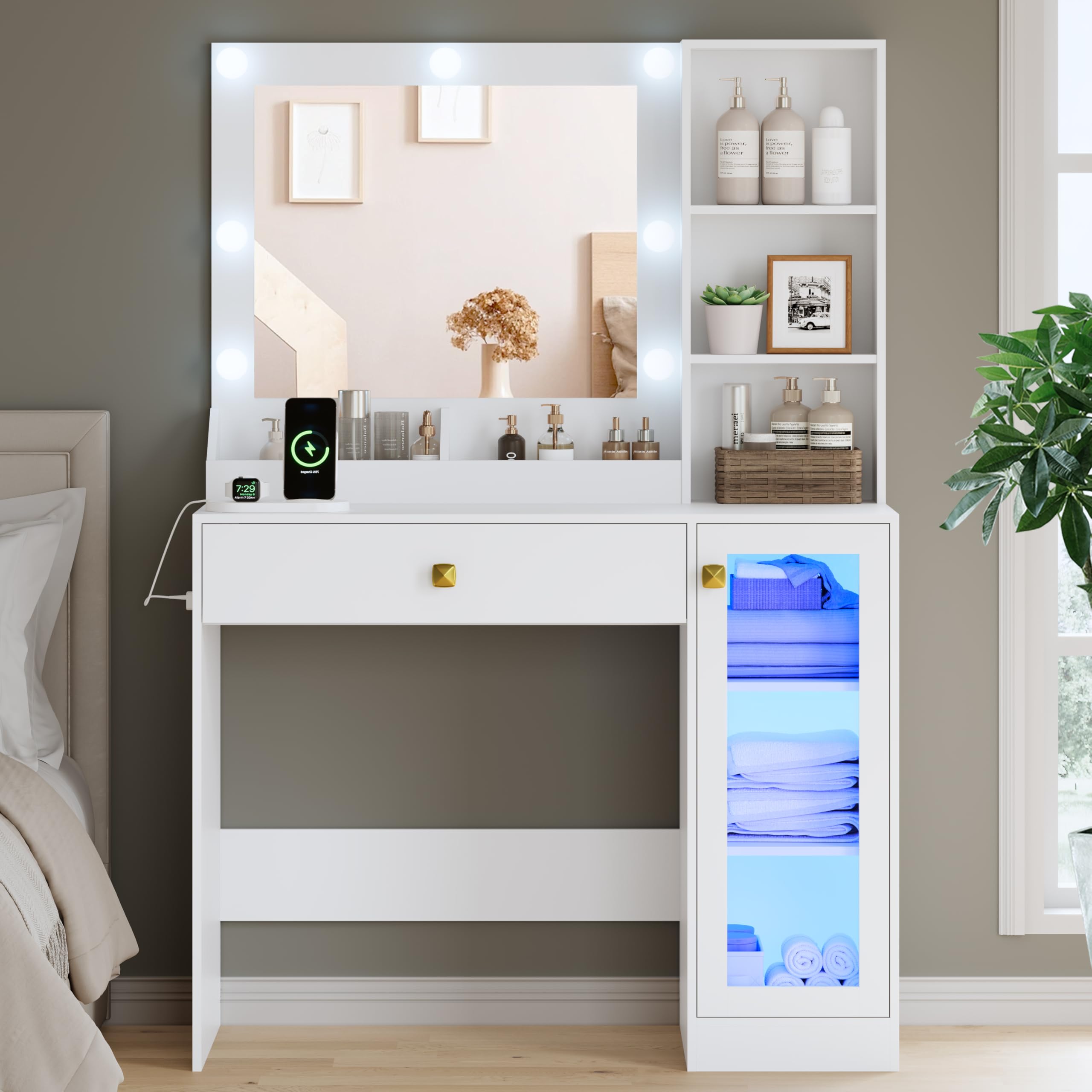 Vanity Desk with Mirror and Lights, Small Makeup Vanity Table with RGB Storage Cabinet & Power Strips & Shelves, 3 Lighting Mode