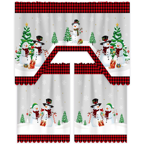 3 Pcs Christmas Kitchen Curtains Window Curtains and Valance Set Snowman Christmas Tree Buffalo Plaid Christmas Curtains Swag fo